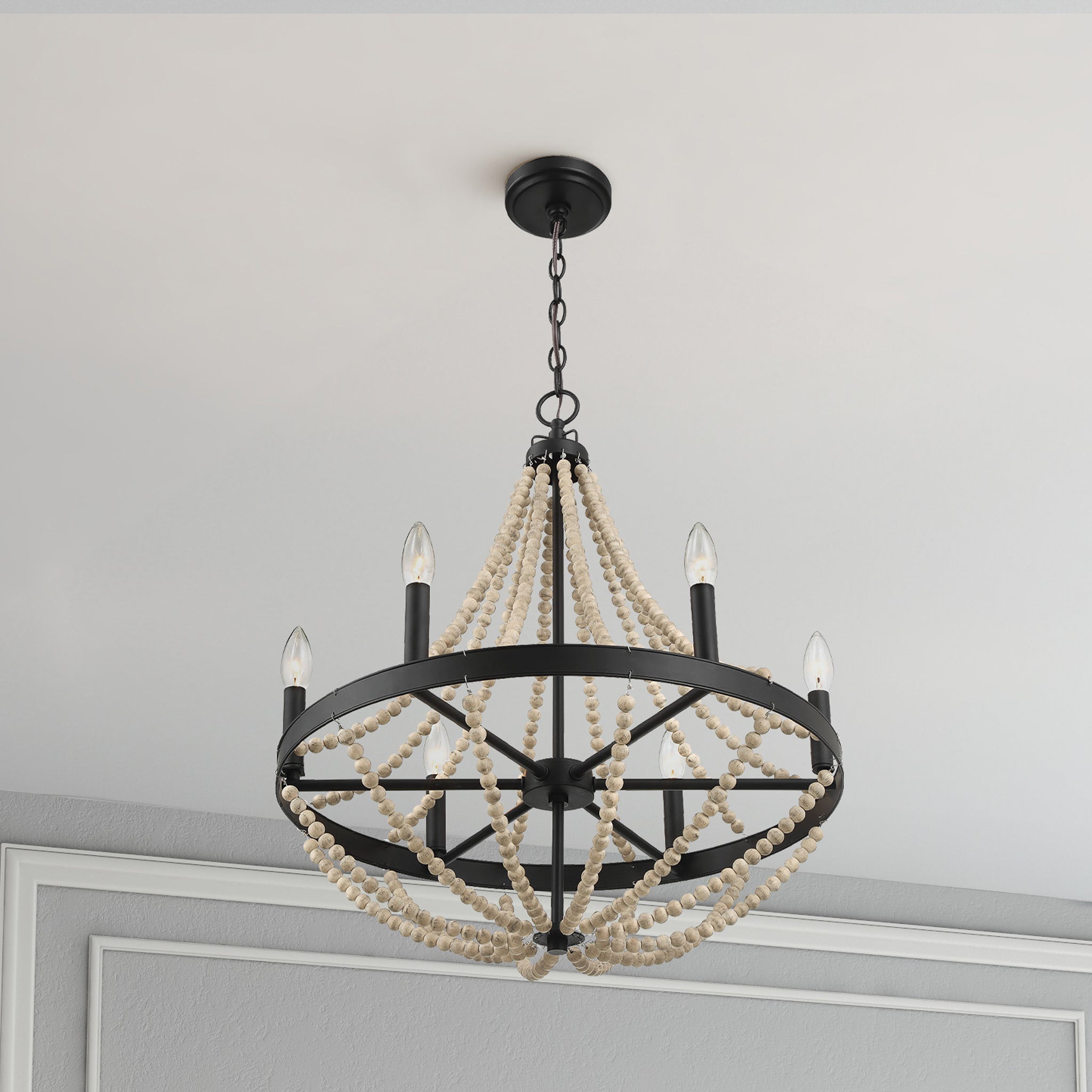 Starry Wood Chandelier Farmhouse Six Candle Light Wood Beaded Black Pendant Light for Dining Room - MidinMod