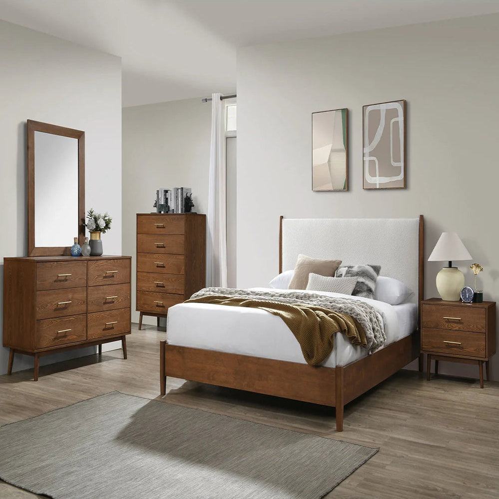 Thusis Walnut and Beige 4 Piece Queen Bedroom Set | Mid-Century Modern Boucle Bed, Dresser, Nightstand, and Mirror Set | MidinMod
