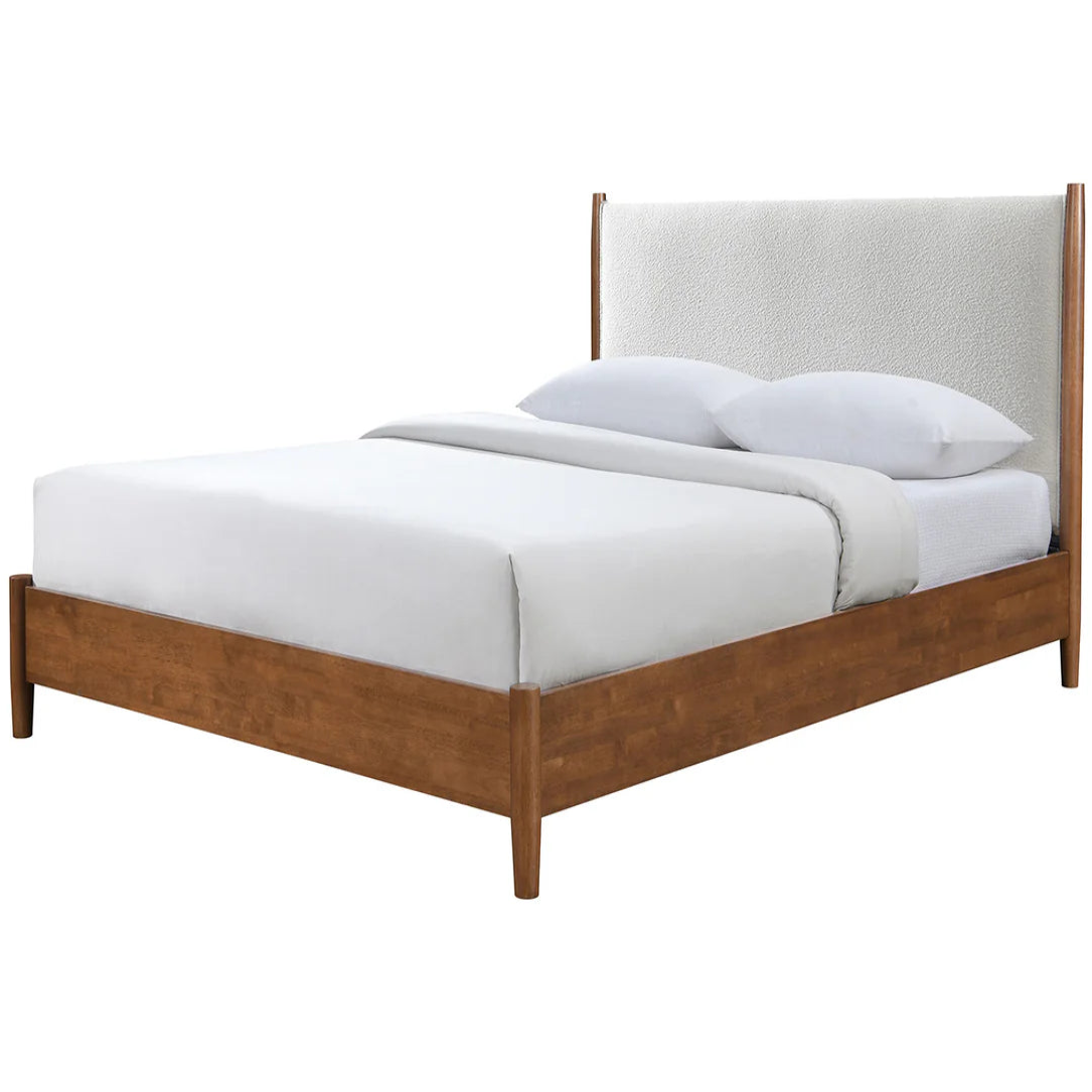 Thusis Walnut and Beige 4 Piece Queen Bedroom Set | Mid-Century Modern Boucle Bed, Dresser, Nightstand, and Mirror Set | MidinMod