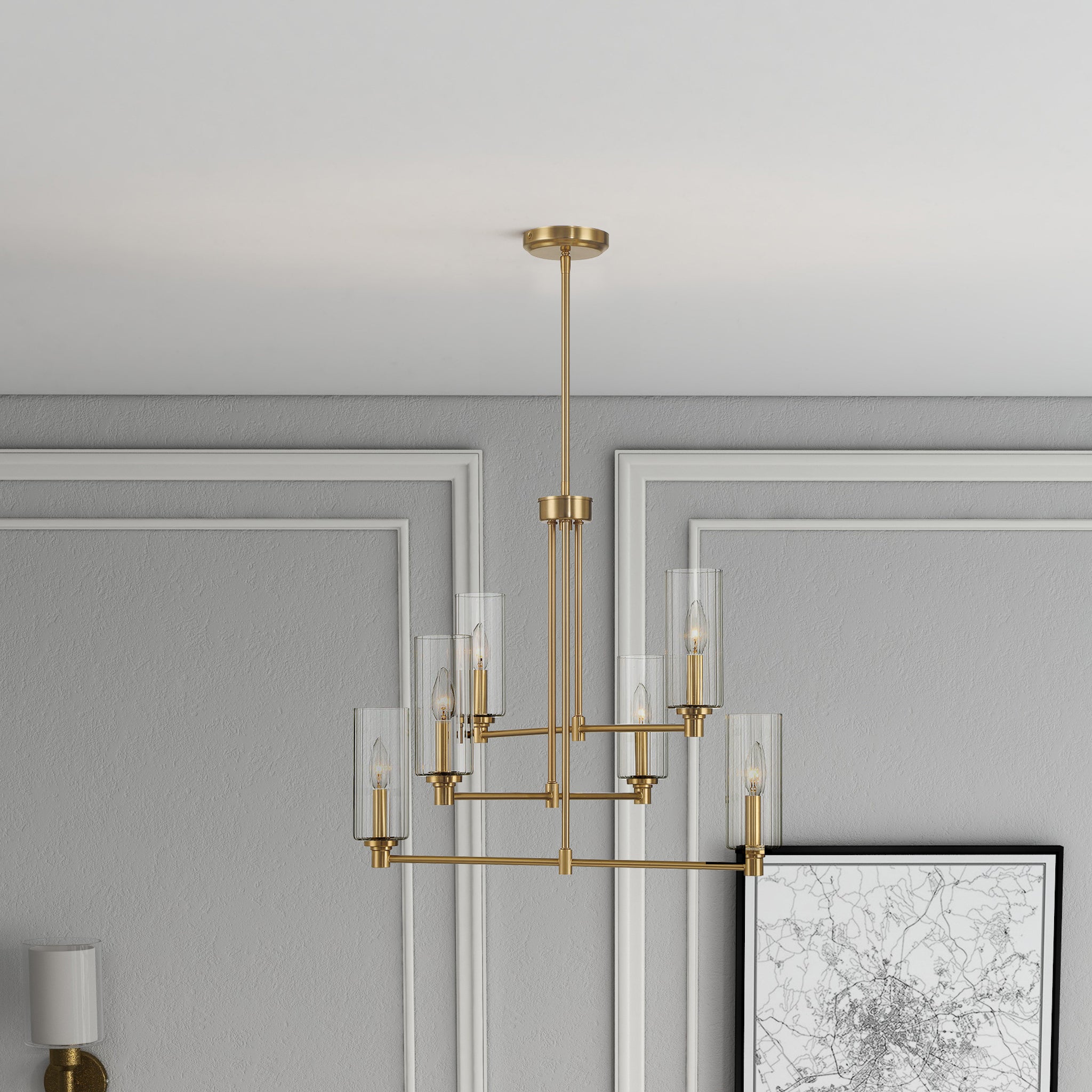 Timeless Six Lights Chandelier With Clear Ribbed Glass - Satin Brass - MidinMod