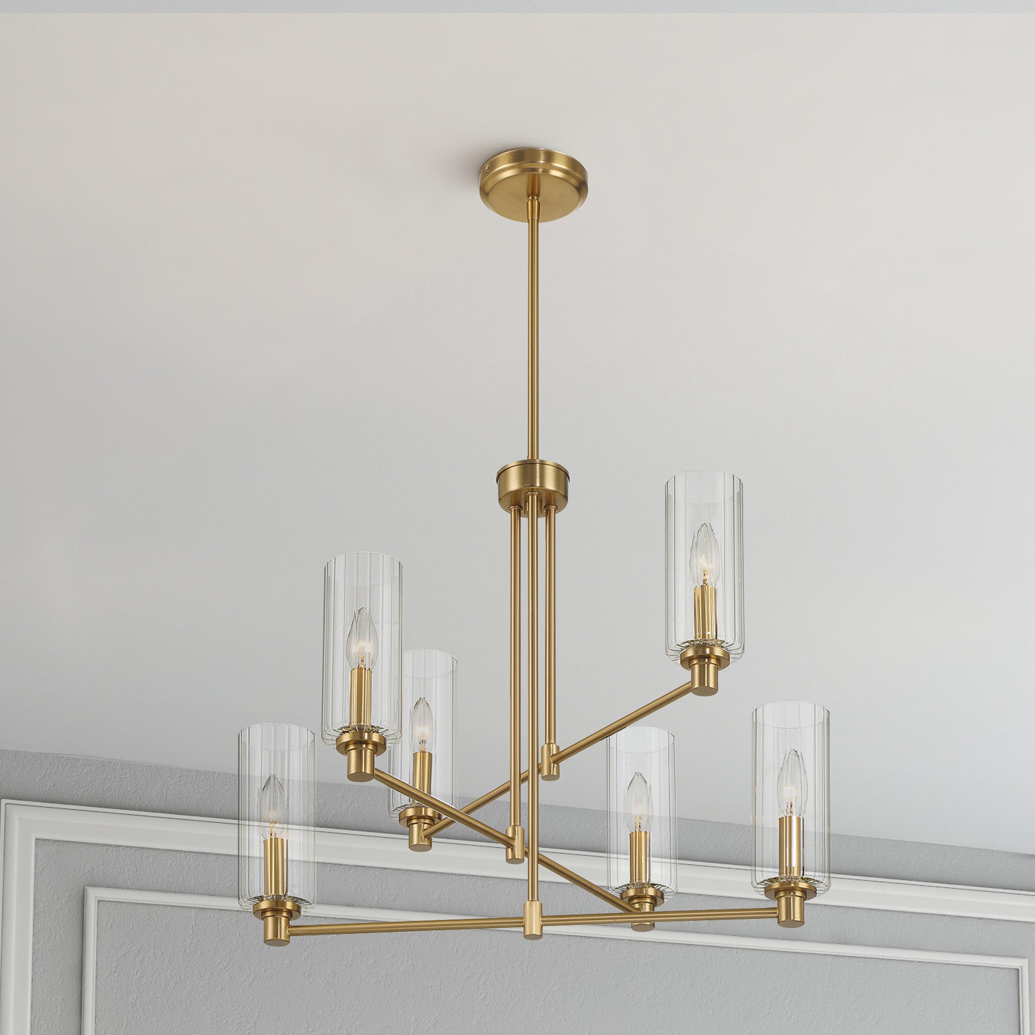 Timeless Six Lights Chandelier With Clear Ribbed Glass - Satin Brass - MidinMod