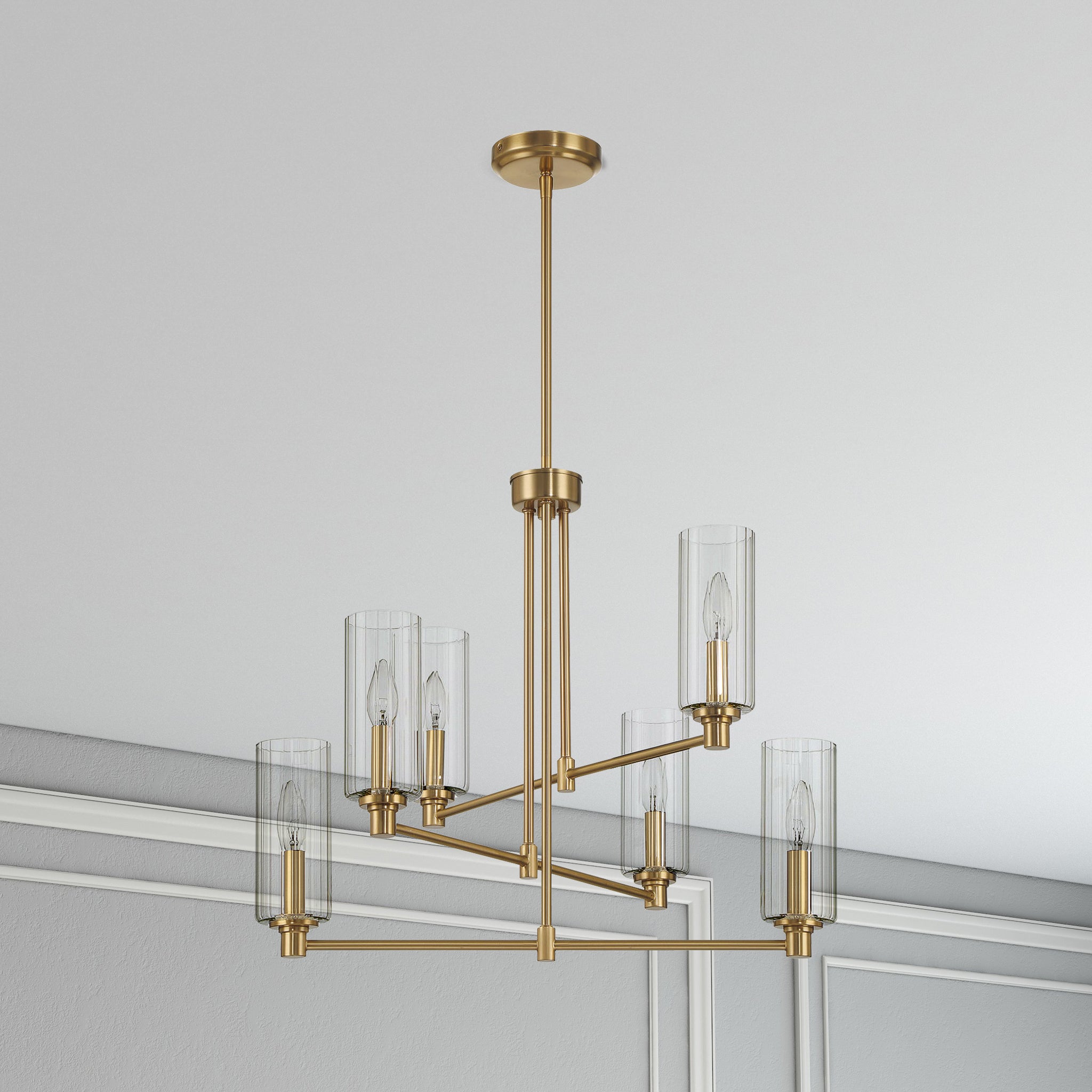 Timeless Six Lights Chandelier With Clear Ribbed Glass - Satin Brass - MidinMod