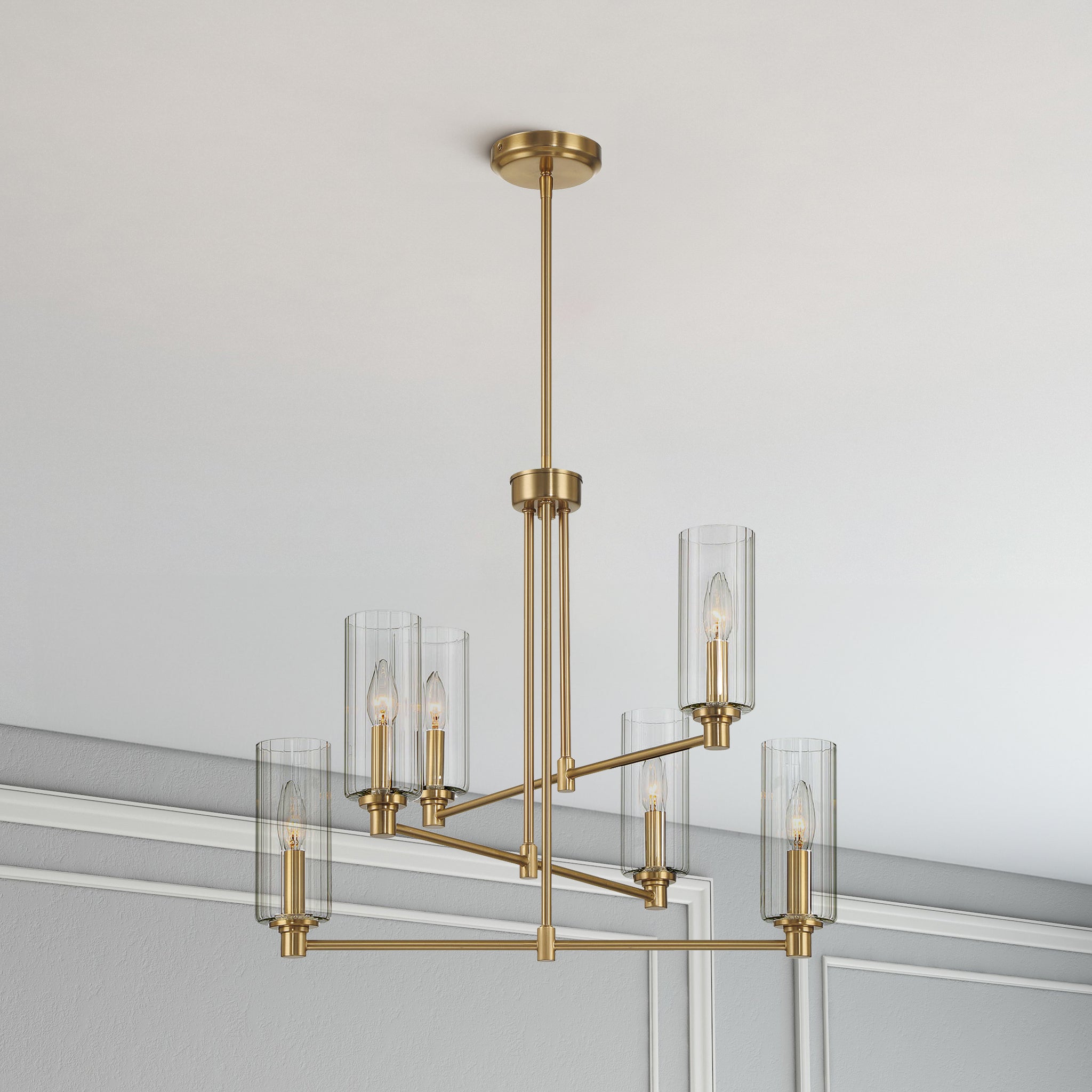 Timeless Six Lights Chandelier With Clear Ribbed Glass - Satin Brass - MidinMod