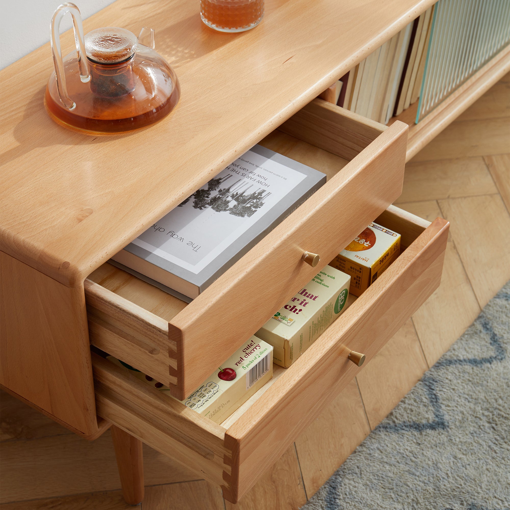 North American Oak TV Cabinet with Glass Doors and Pull-Out Storage