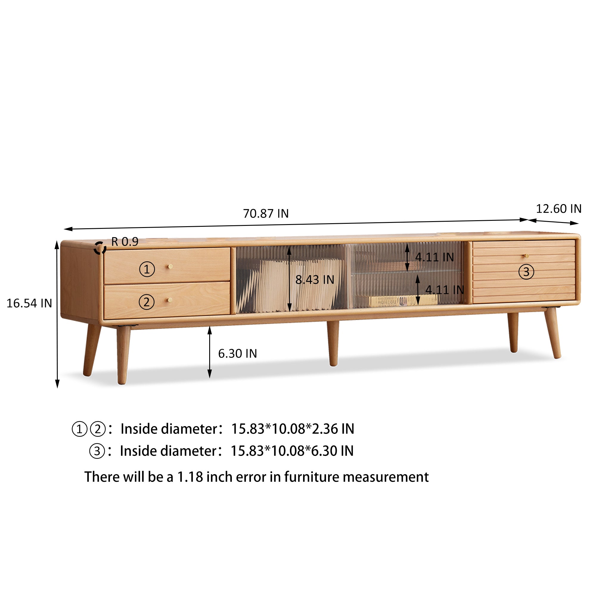 North American Oak TV Cabinet with Glass Doors and Pull-Out Storage