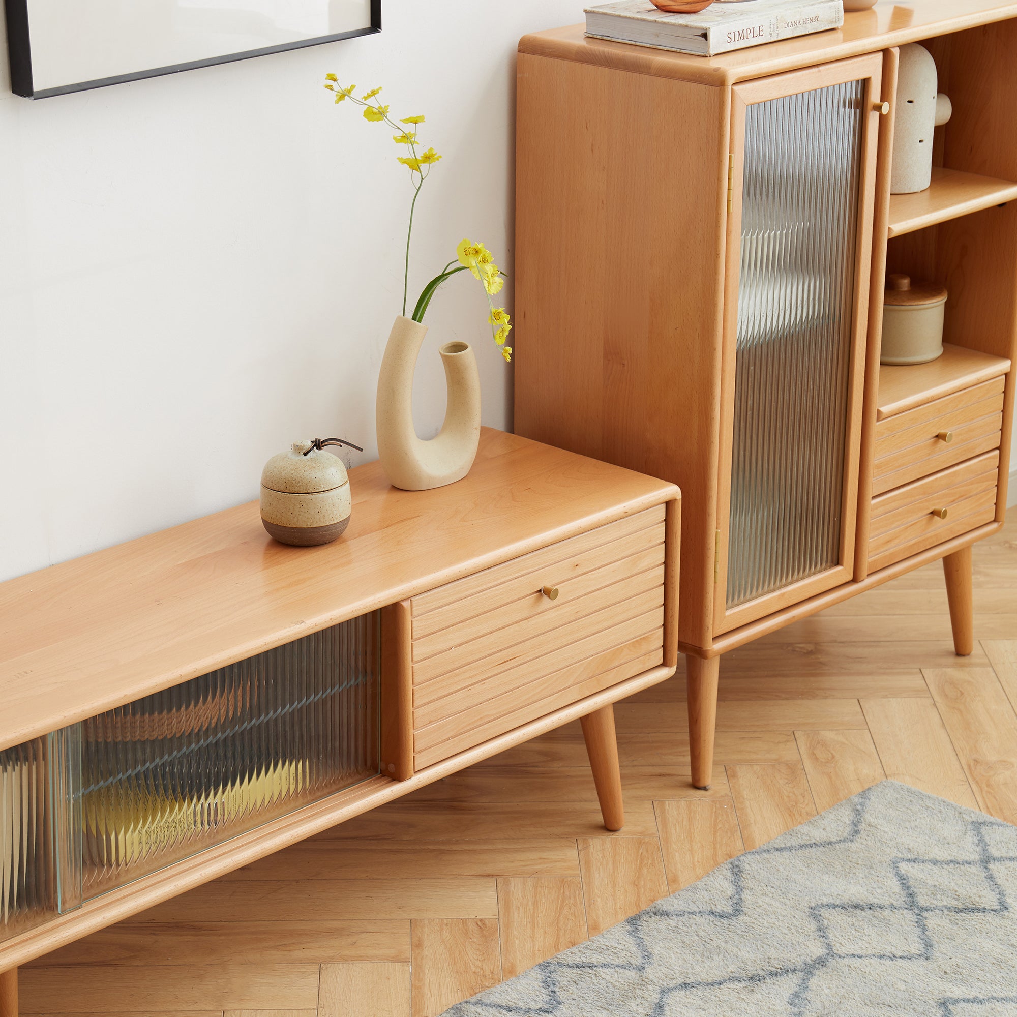 North American Oak TV Cabinet with Glass Doors and Pull-Out Storage