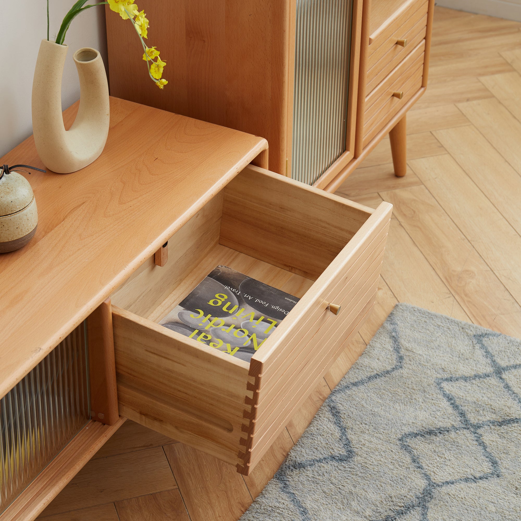 North American Oak TV Cabinet with Glass Doors and Pull-Out Storage