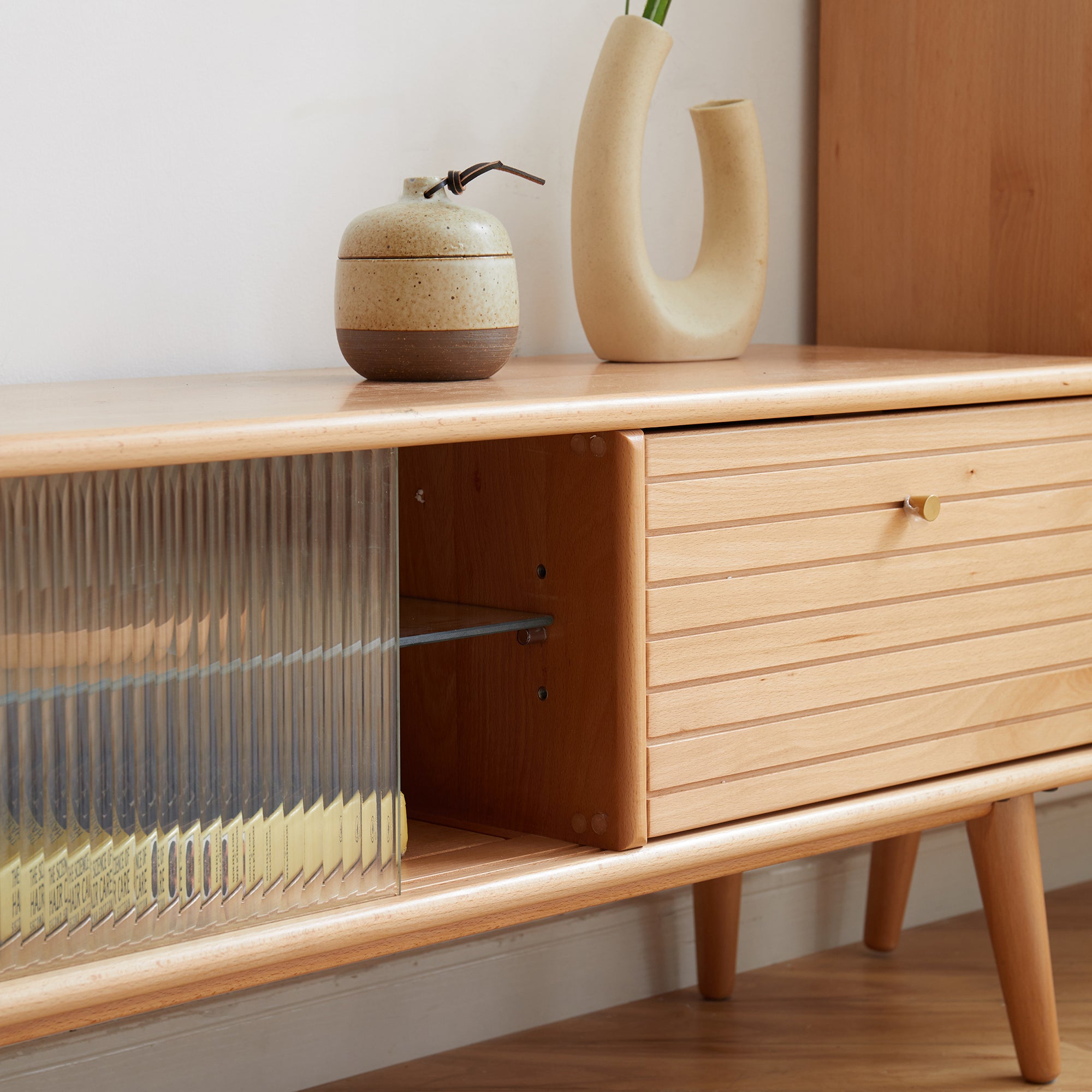 North American Oak TV Cabinet with Glass Doors and Pull-Out Storage