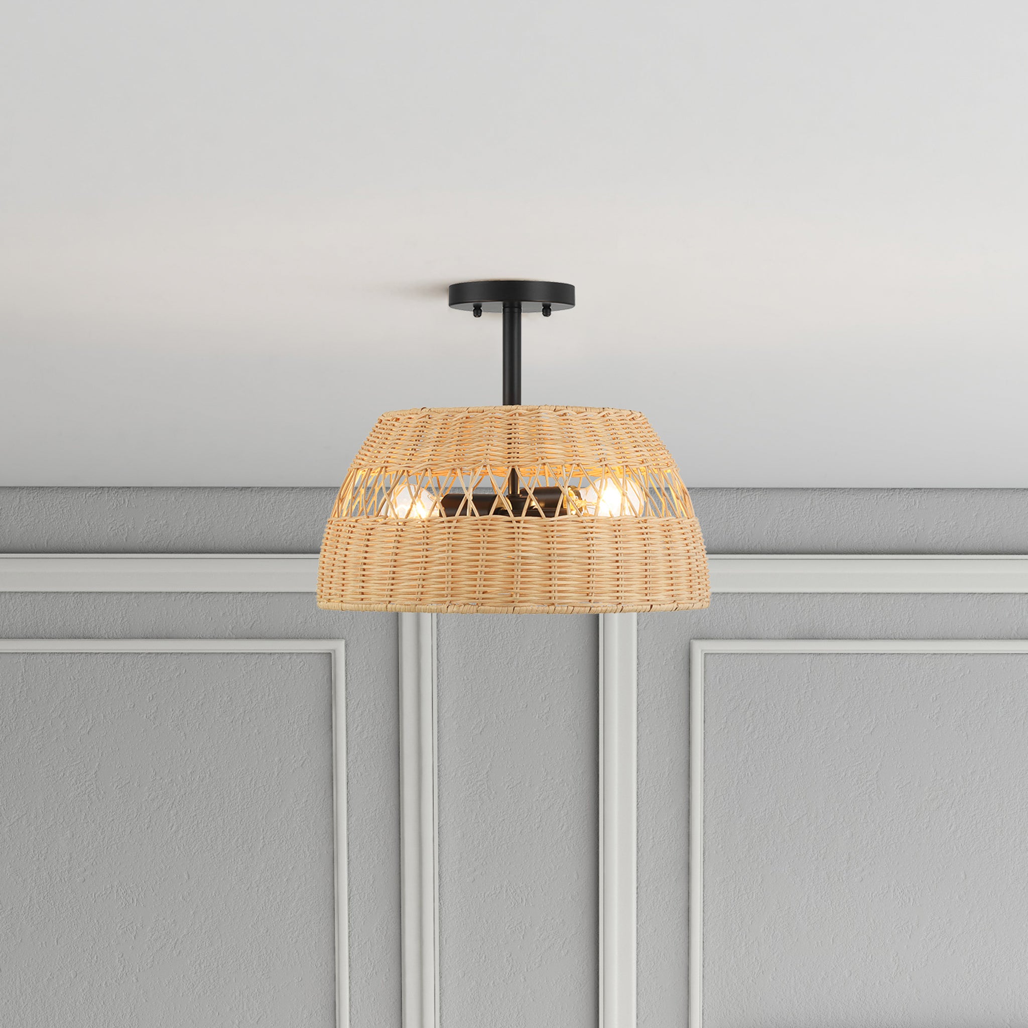 Twinkle Double Lights Semi Flush With Rattan Shade Black Metal Finish for Farmhouse Style - MidinMod