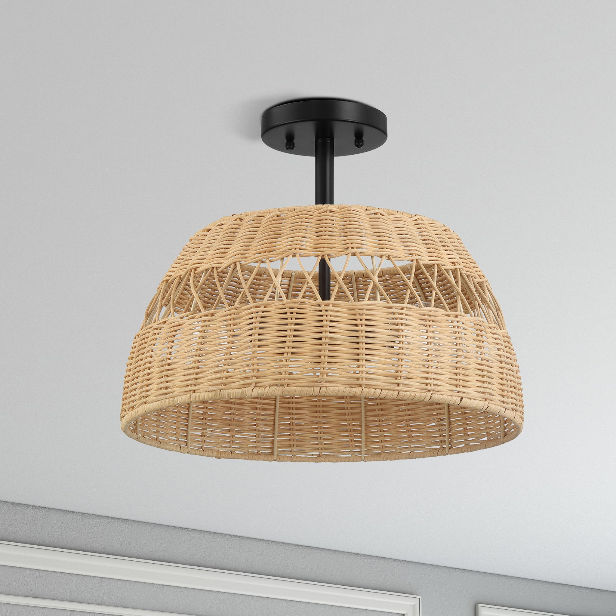 Twinkle Double Lights Semi Flush With Rattan Shade Black Metal Finish for Farmhouse Style - MidinMod