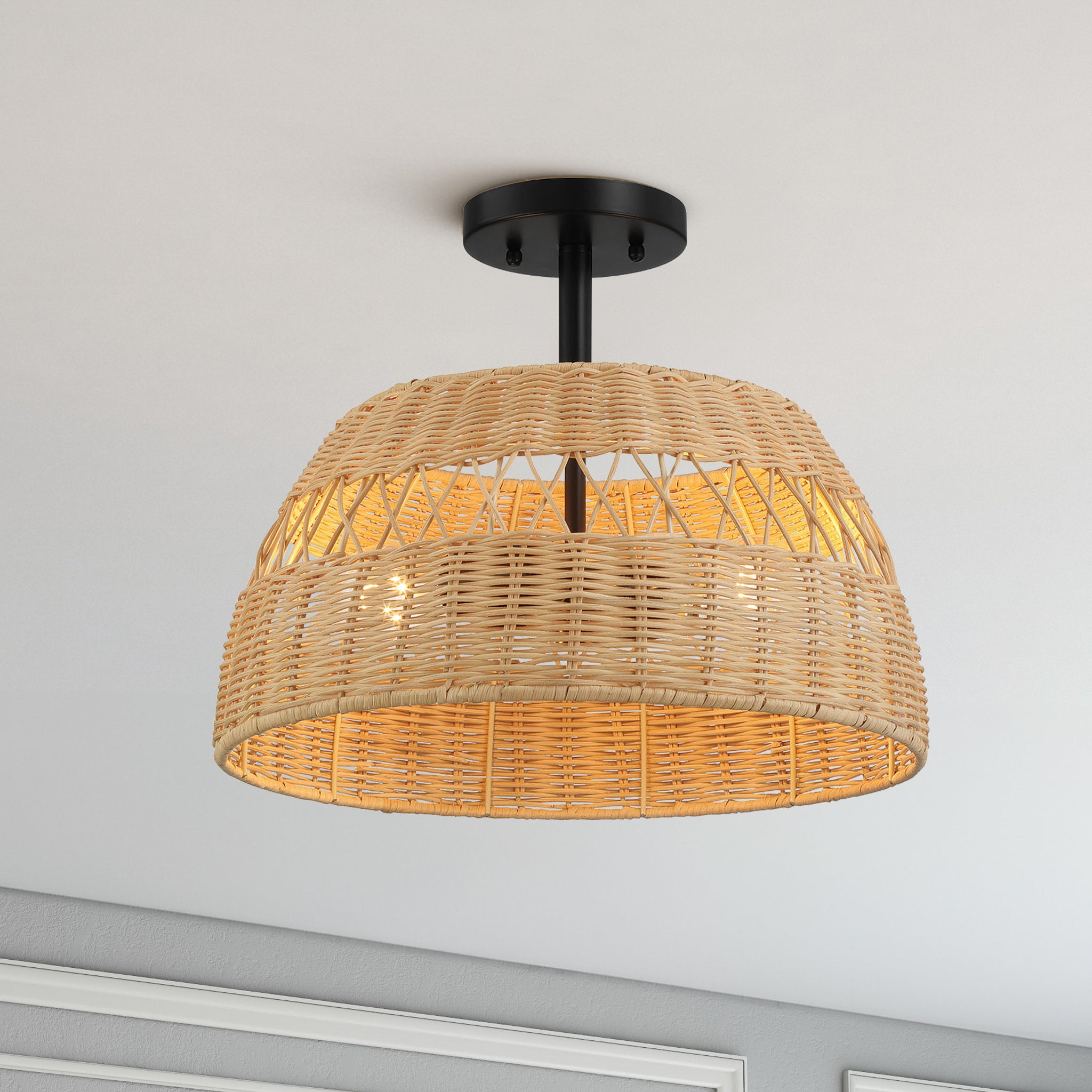 Twinkle Double Lights Semi Flush With Rattan Shade Black Metal Finish for Farmhouse Style - MidinMod