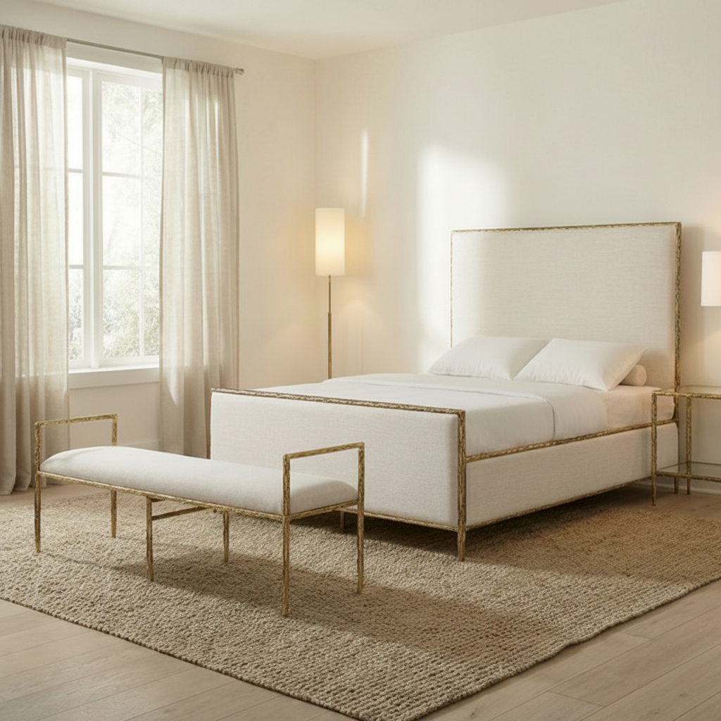 Valda Matte Gold Queen Bed | Contemporary Forged Steel & Fabric Platform Bed Frame | MidinMod