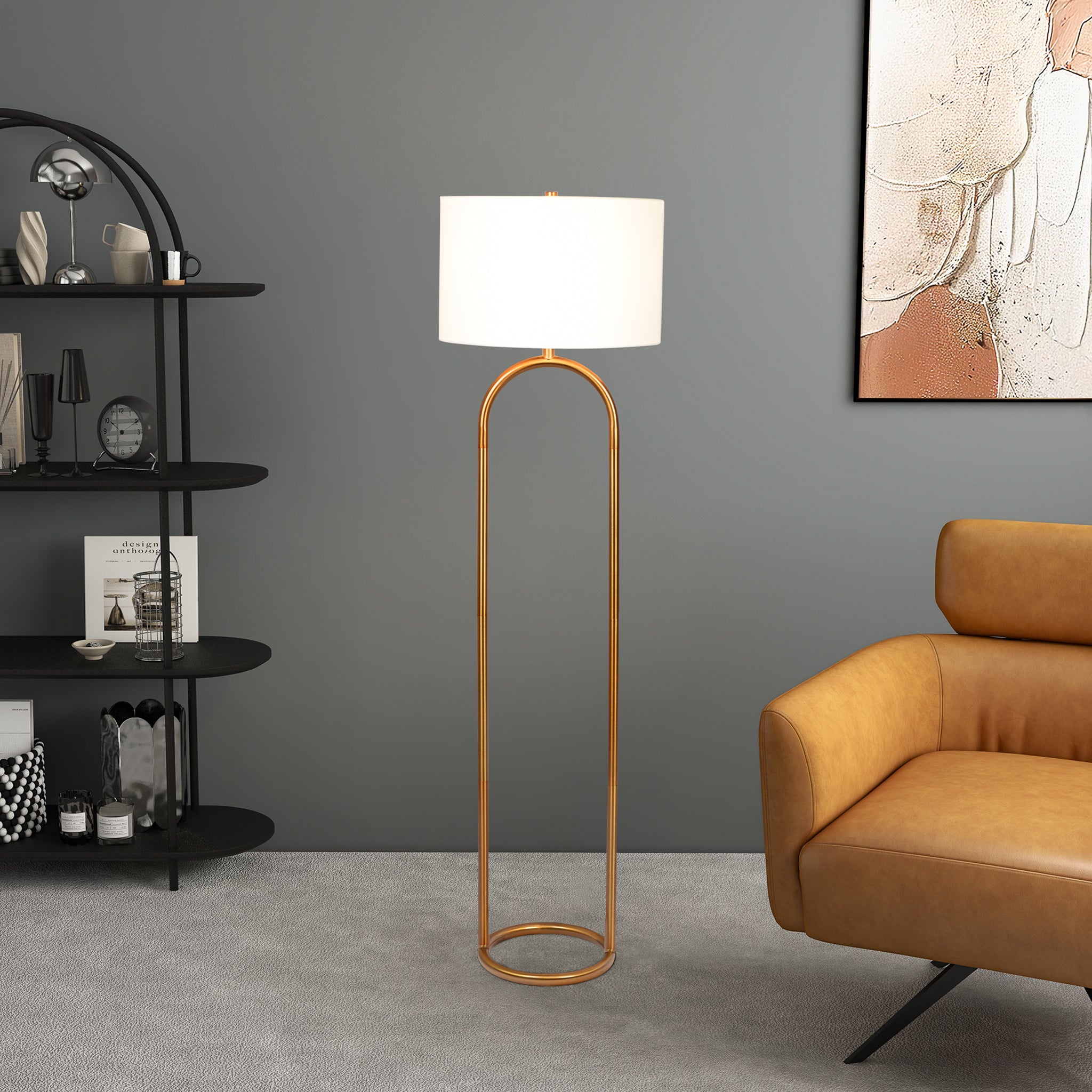 Vivid Brass Ring Base Floor Lamp with Large White Drum Shade - MidinMod