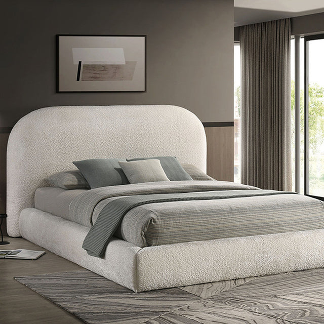 Whitnash Ivory White Queen Bed | Contemporary Round Profile Upholstered Platform Bed | MidinMod