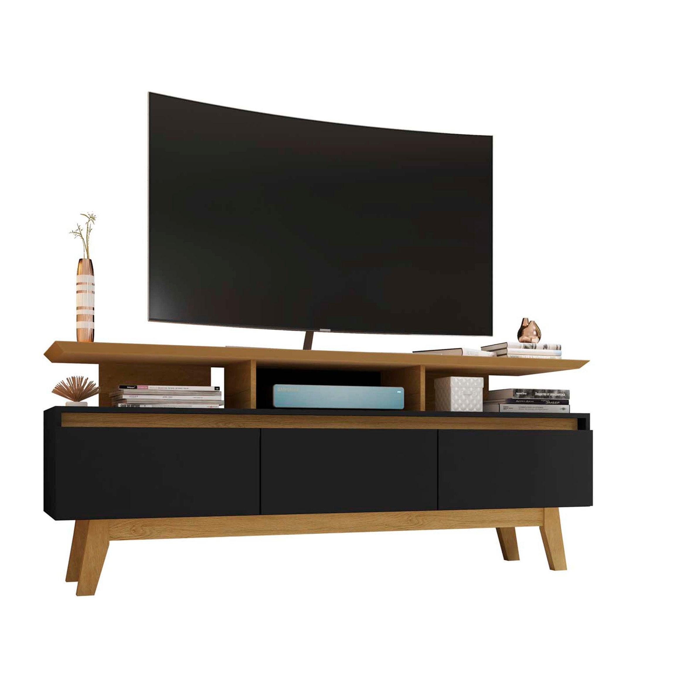 Yonkers Modern Black Solid Wood TV Stand | Streamlined Media Console | MidinMod