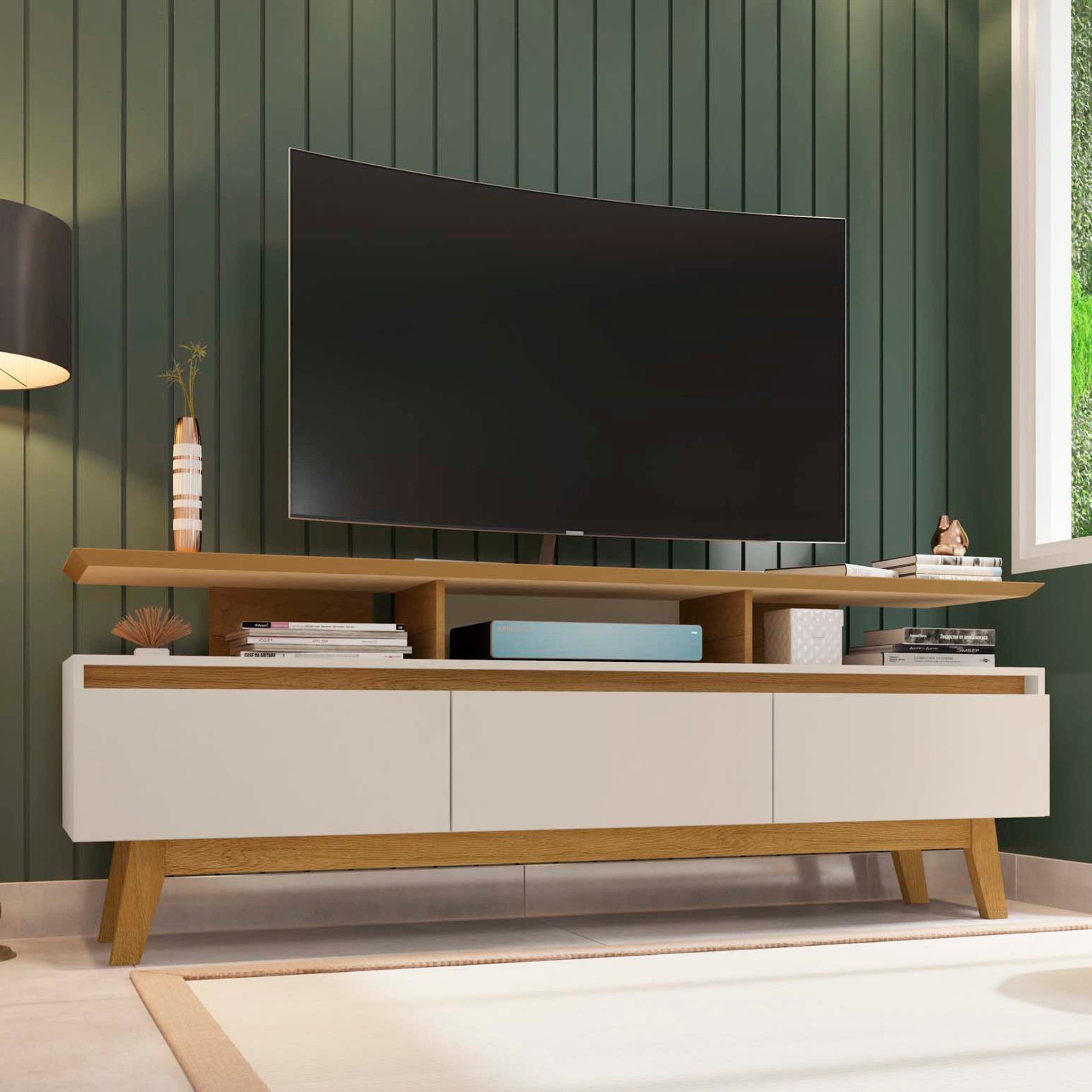 Yonkers Modern Off White Solid Wood TV Stand | Streamlined Media Console | MidinMod