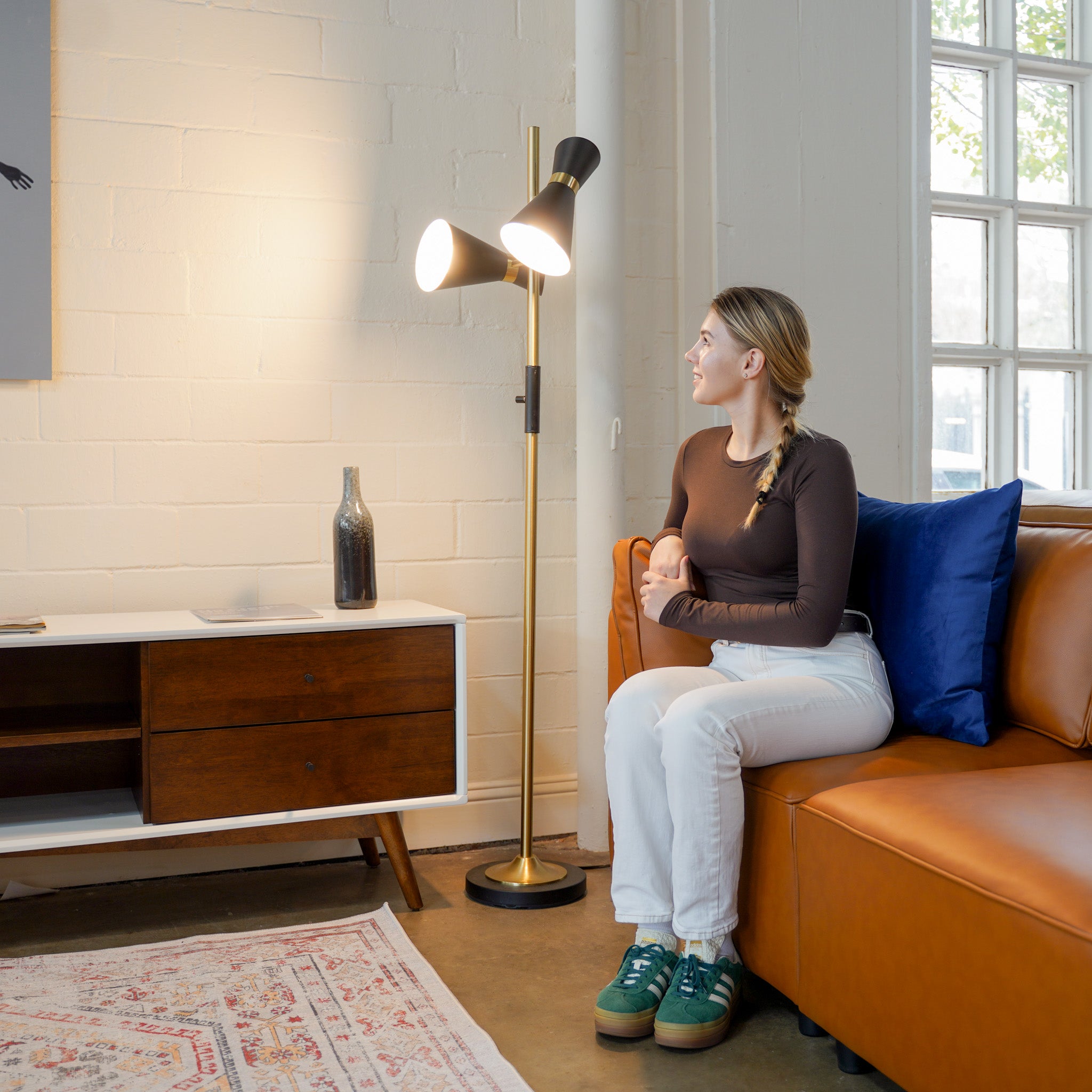 Axis Brassed Gold Floor Lamp with 4-Way Switch Double Spots with Metal Base - MidinMod