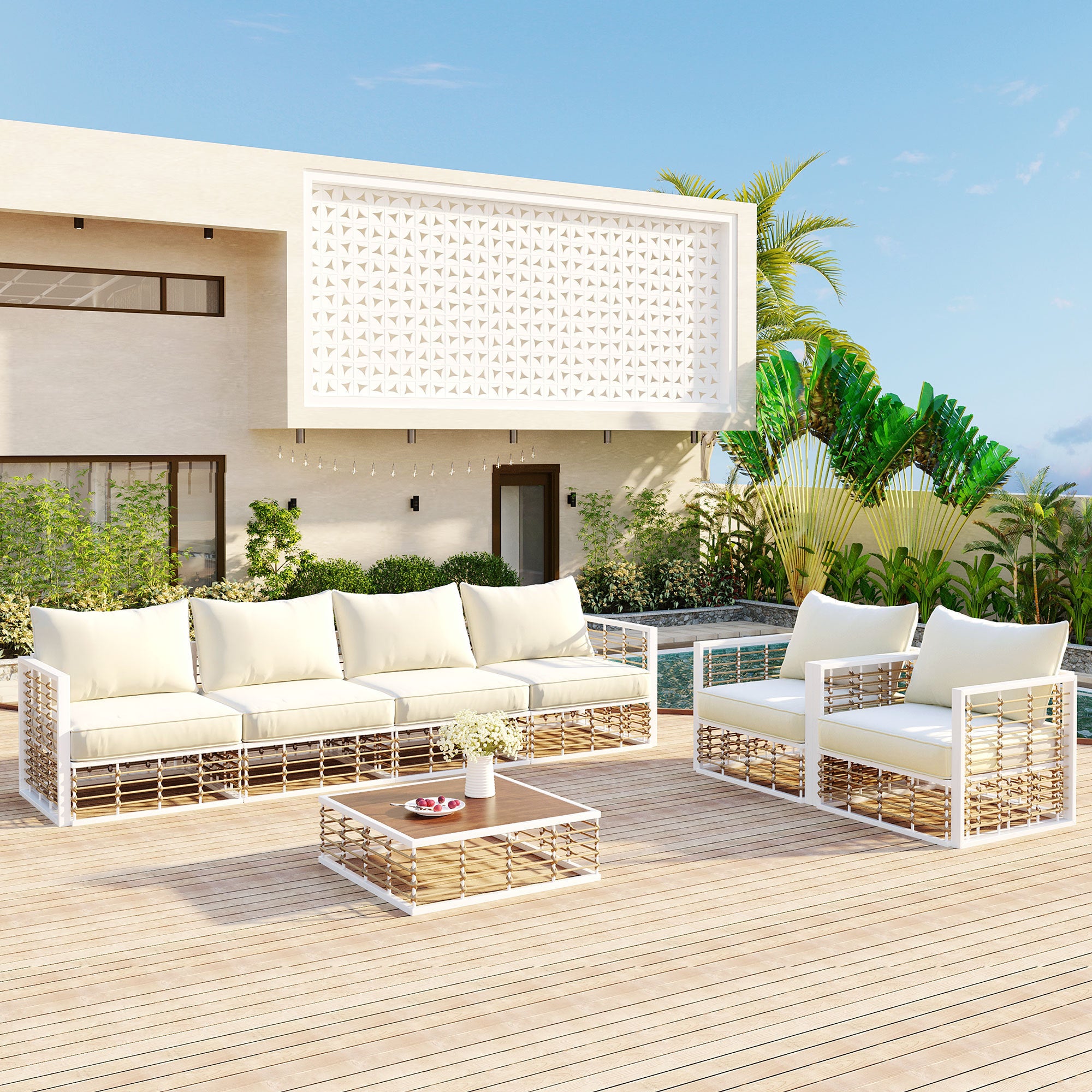 Topmax Outdoor Sectional Set Cushioned Seating - White