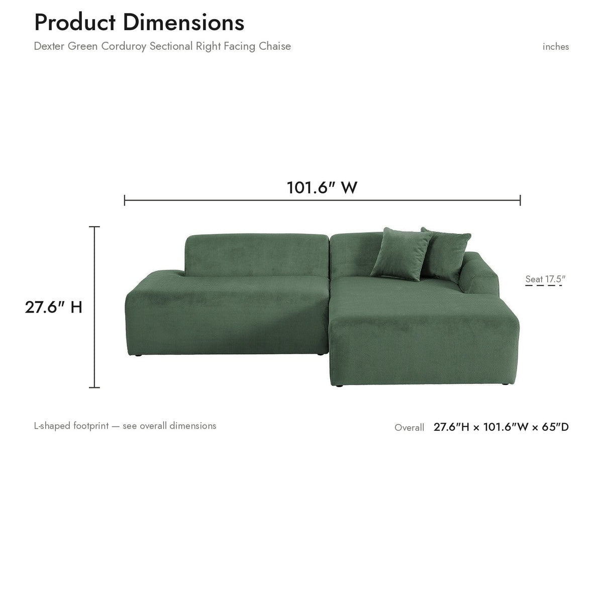 Dexter Green Corduroy Sectional Right Facing Chaise - MidinMod