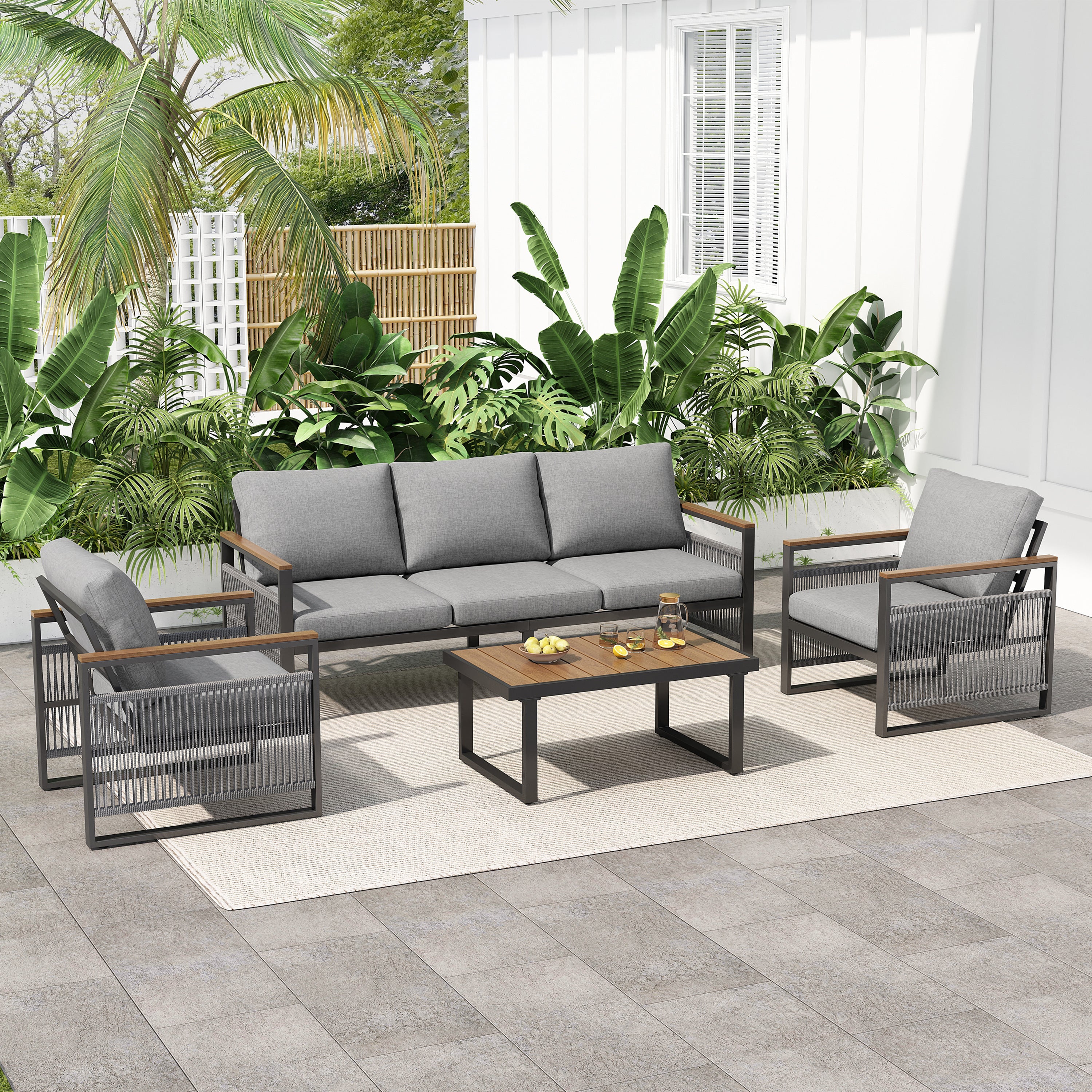Outdoor Sofa Set Cushioned Seating - Gray