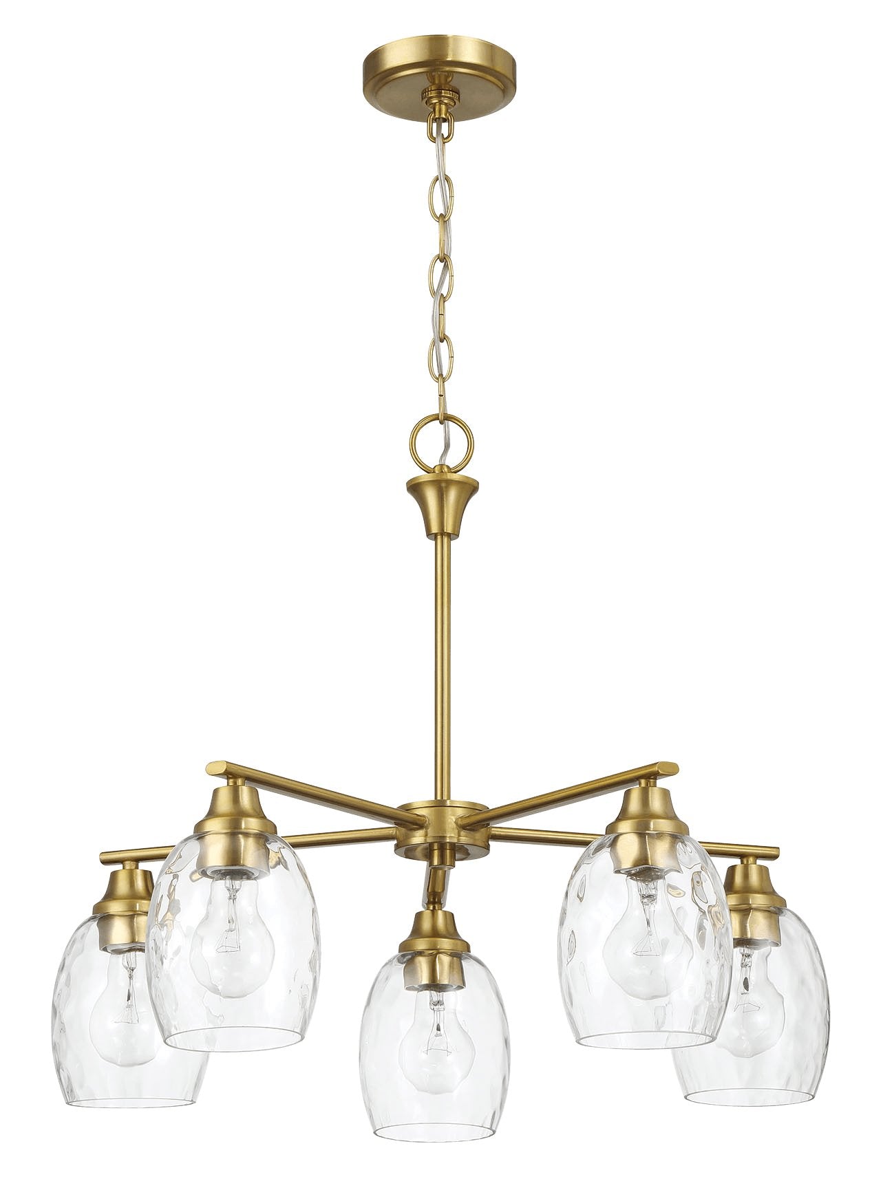 Elegance Five Lights Linear Arms with Golden Brass Finish Chain Chandelier 24"W × 8.5"H with Clear Water Glass - MidinMod Houston Tx Mid Century Furniture Store - Chandeliers 1