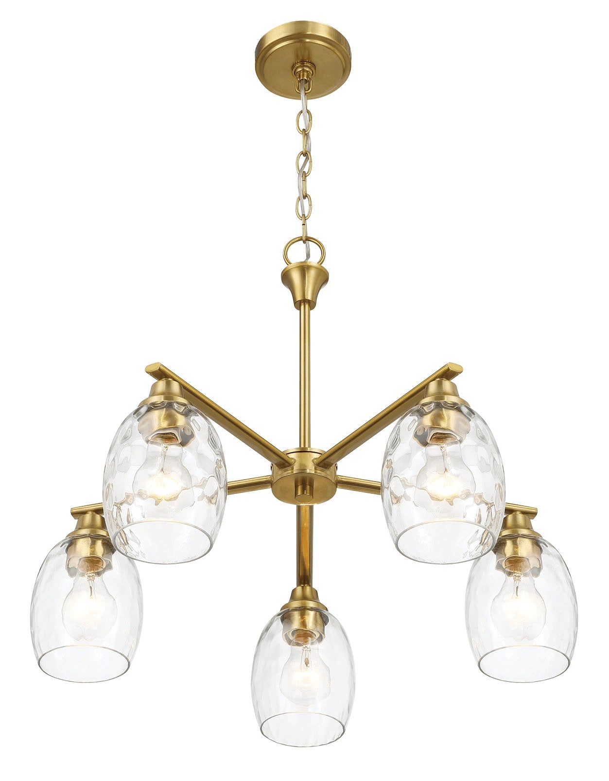 Elegance Five Lights Linear Arms with Golden Brass Finish Chain Chandelier 24"W × 8.5"H with Clear Water Glass - MidinMod Houston Tx Mid Century Furniture Store - Chandeliers 4