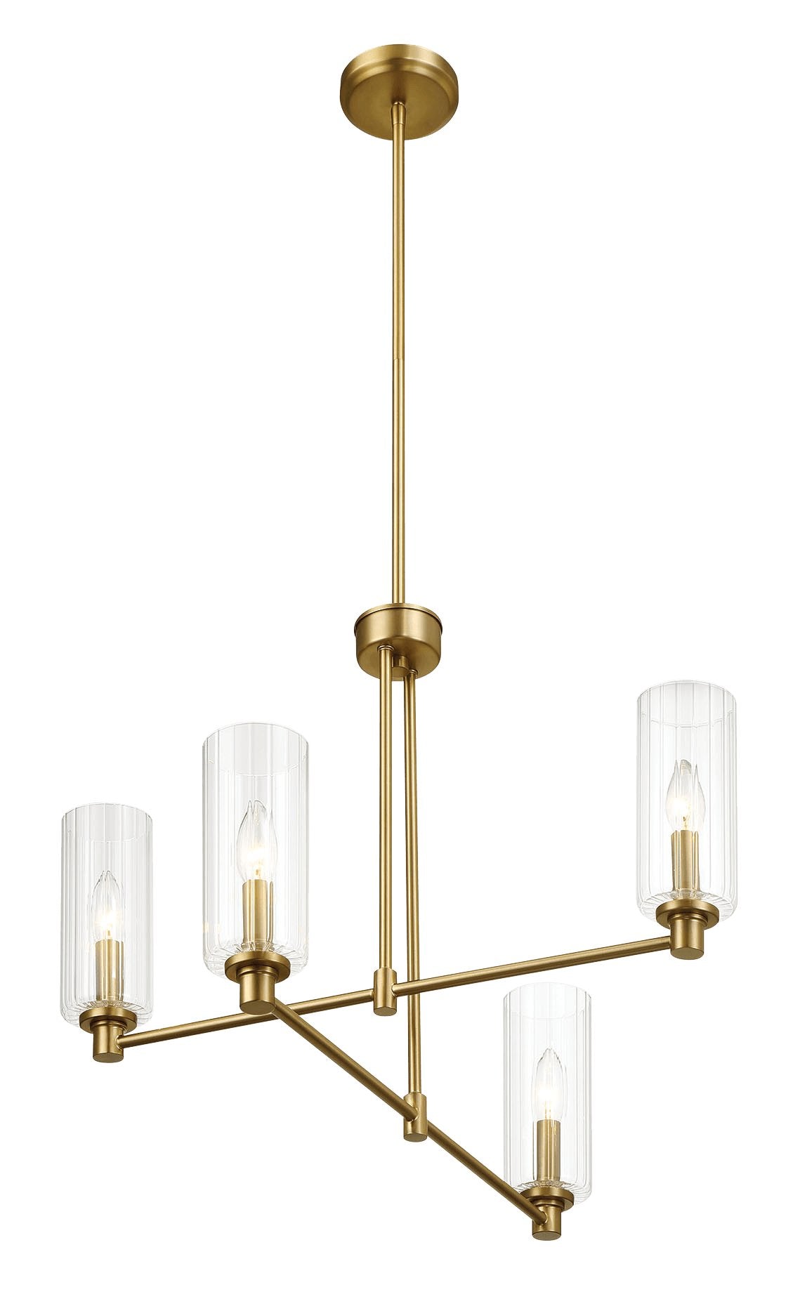 Enigma Four Lights Chandelier With Clear Ribbed Glass -Satin Brass - MidinMod Houston Tx Mid Century Furniture Store - Chandeliers 4