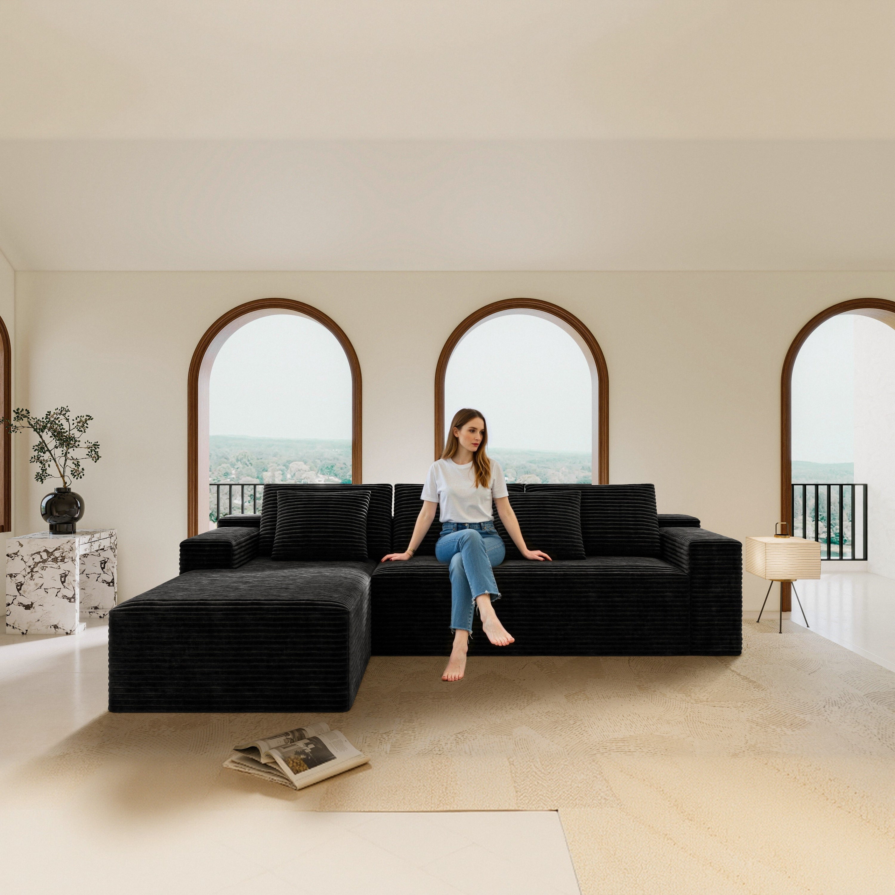 Calhoun Plush Corduroy Fabric L-Shape Sectional Sofa & Chaise
