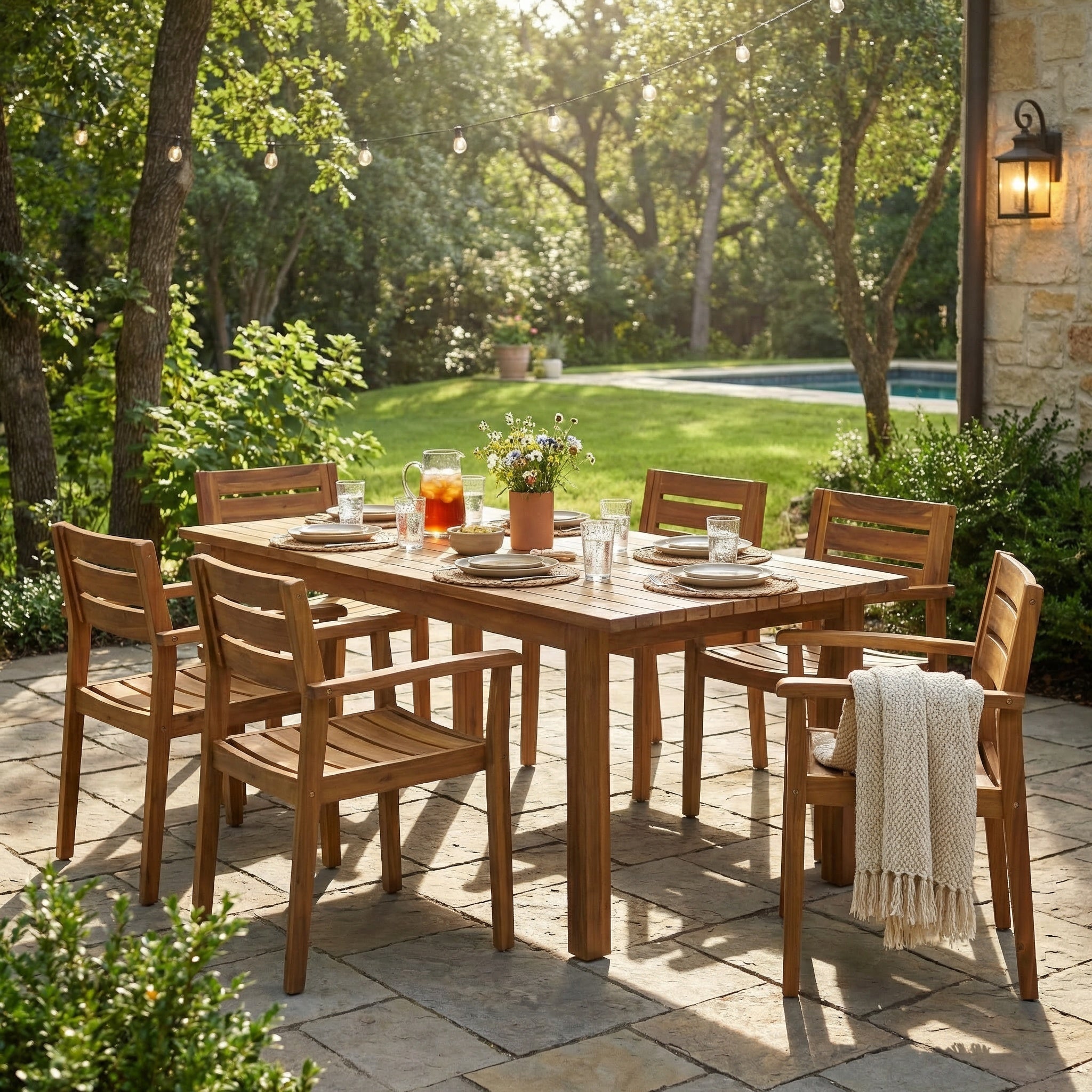Outdoor Dining Set Acacia Wood Poolside - Teak