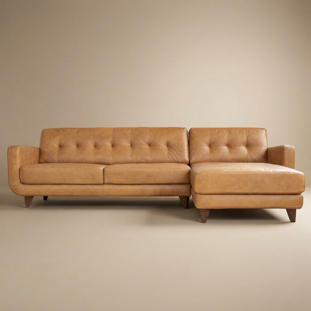 Cassie Tan Leather Sectional Sofa Right Facing Chaise
