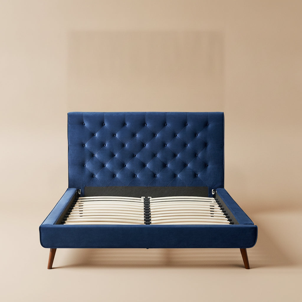Ashley Queen Navy Blue Velvet Platform Bed