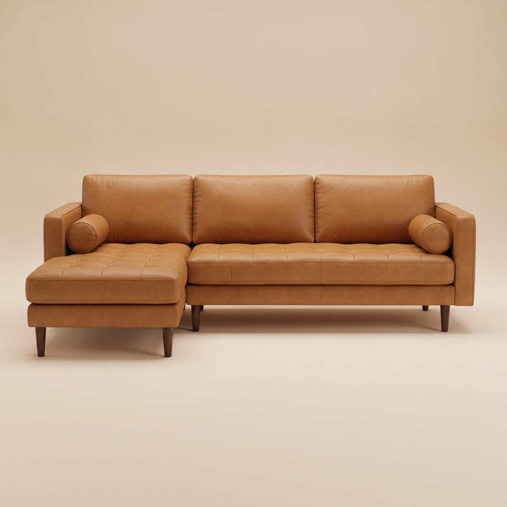 Daphne Tan Leather L Shape Corner Sofa Left Facing Chaise