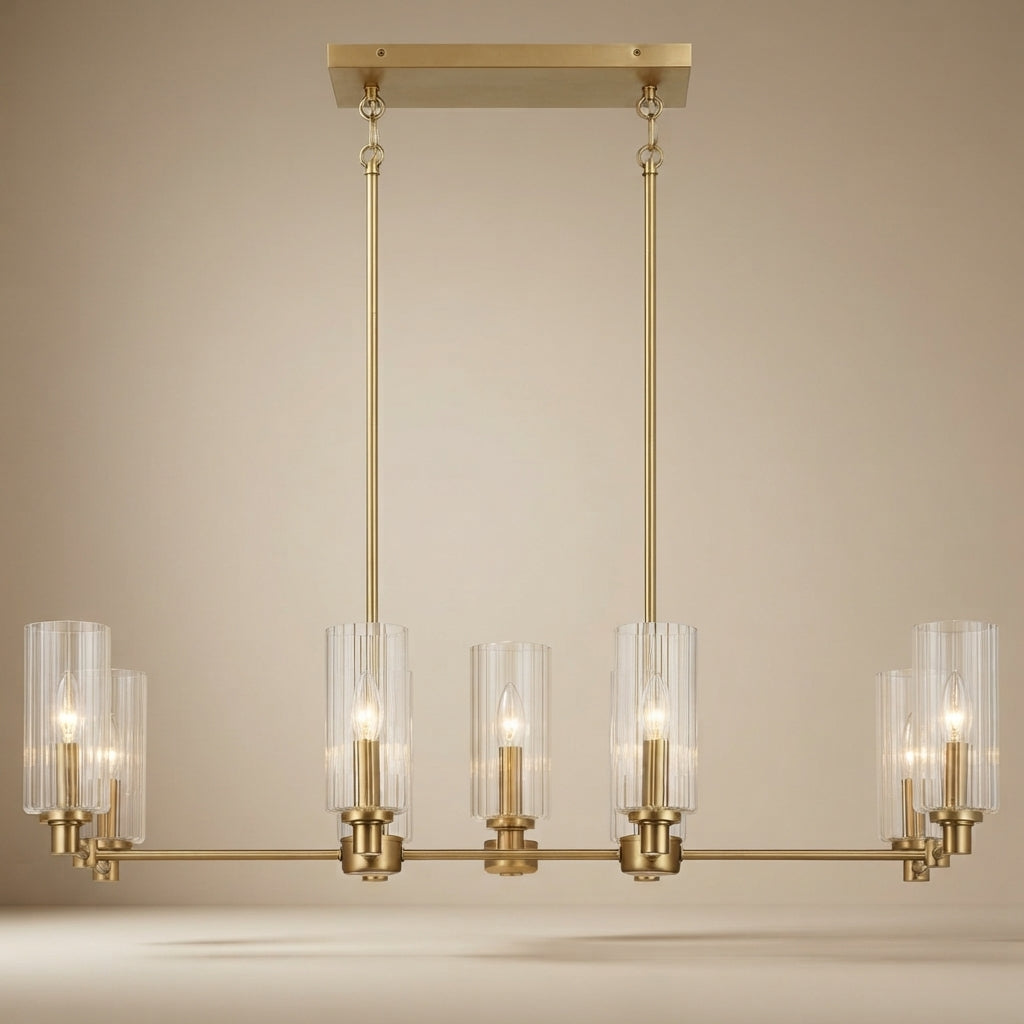 Willow Eight Lights Island With Clear Ribbed Glass Pendant Lamp - Satin Brass