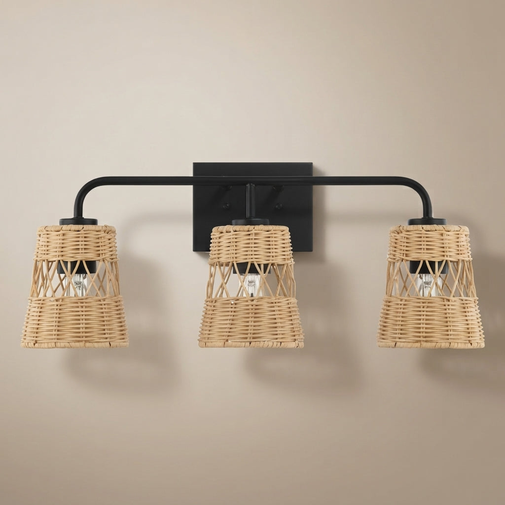 Moonlit Three Lights Wall Sconce With Rattan Shade, Bathroom Lighting Fixtures Over Mirror