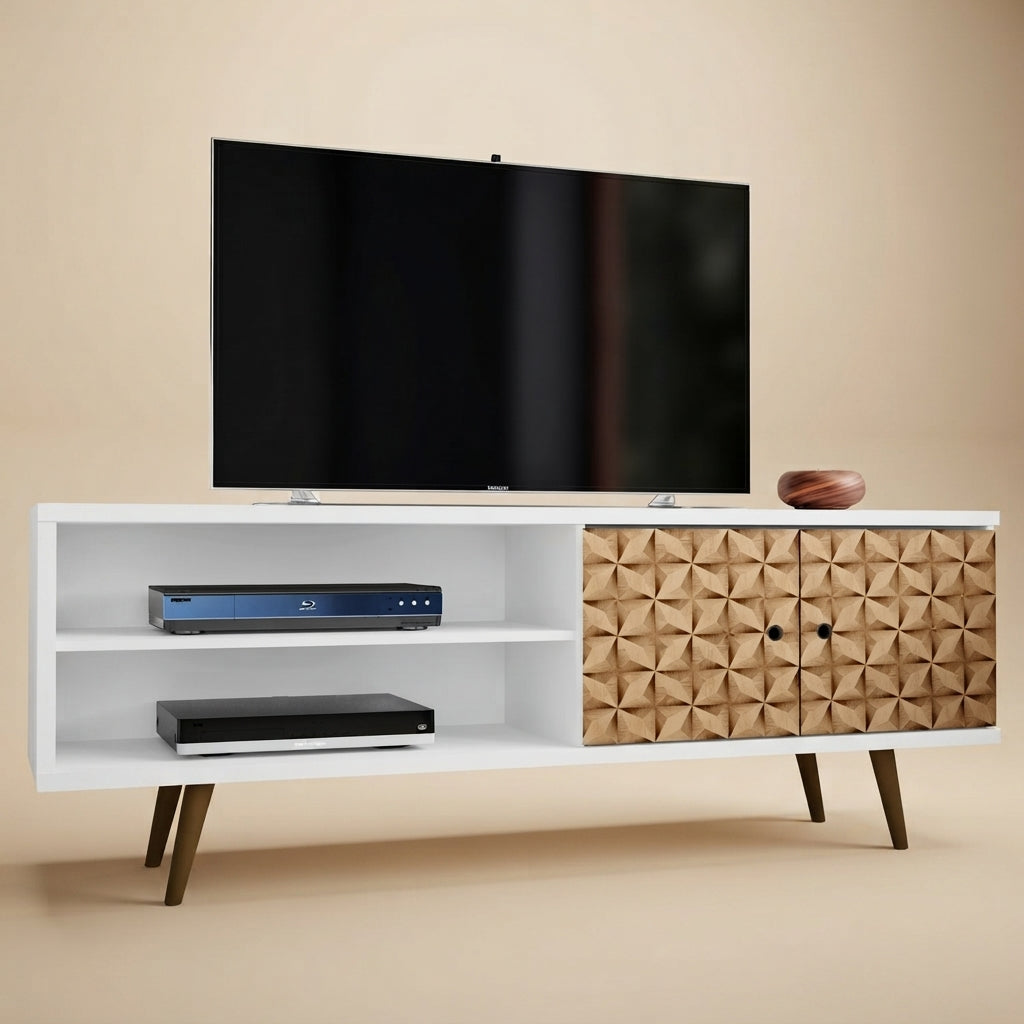 Liberty 62.99" Mid-Century Modern TV Stand in White and 3D Brown Prints
