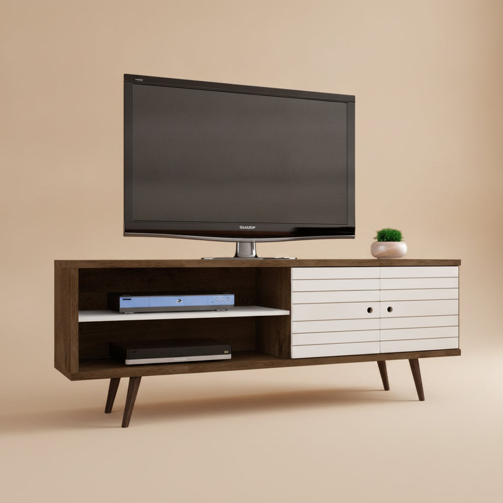 Liberty 63" Mid-Century Modern TV Stand - Rustic Brown & White