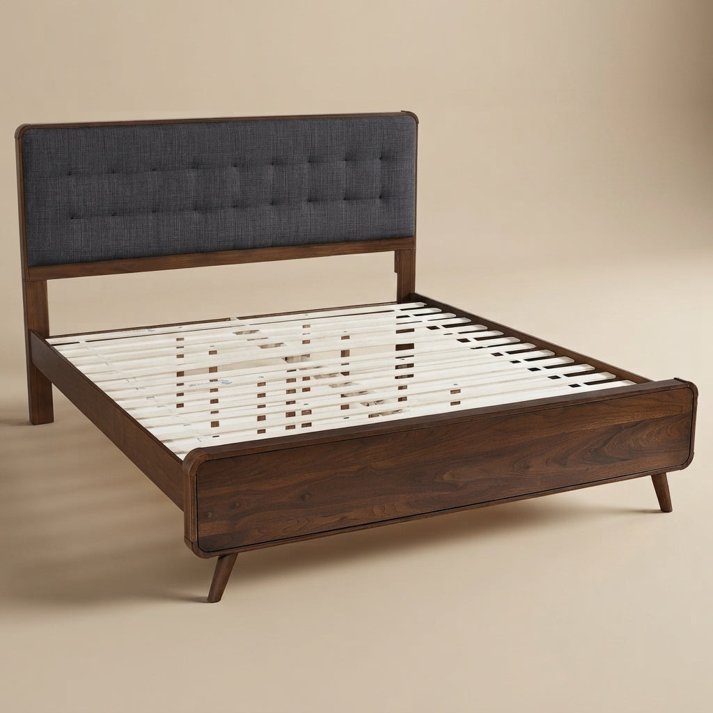 Robyn Eastern King Bed | Dark Walnut & Grey Tufted Upholstered