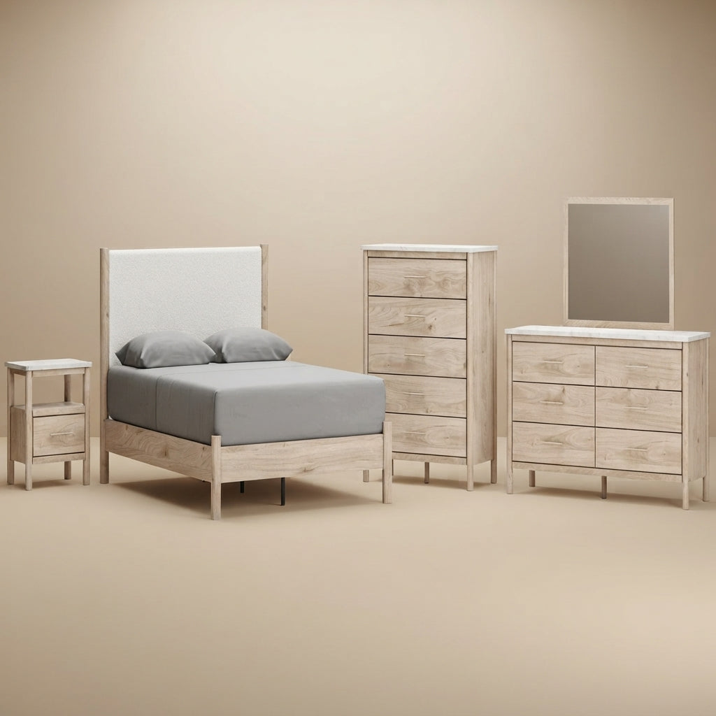Cadmori Queen Upholstered Panel Bed with Mirrored Dresser, Chest and Nightstand