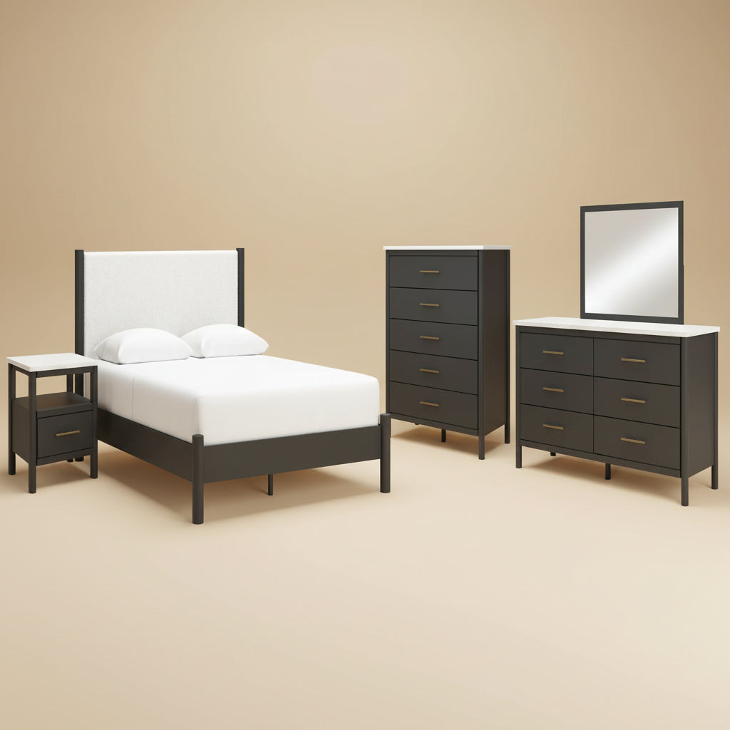 Cadmori Queen Upholstered Panel Bed, Dresser, Mirror, Chest and Nightstand