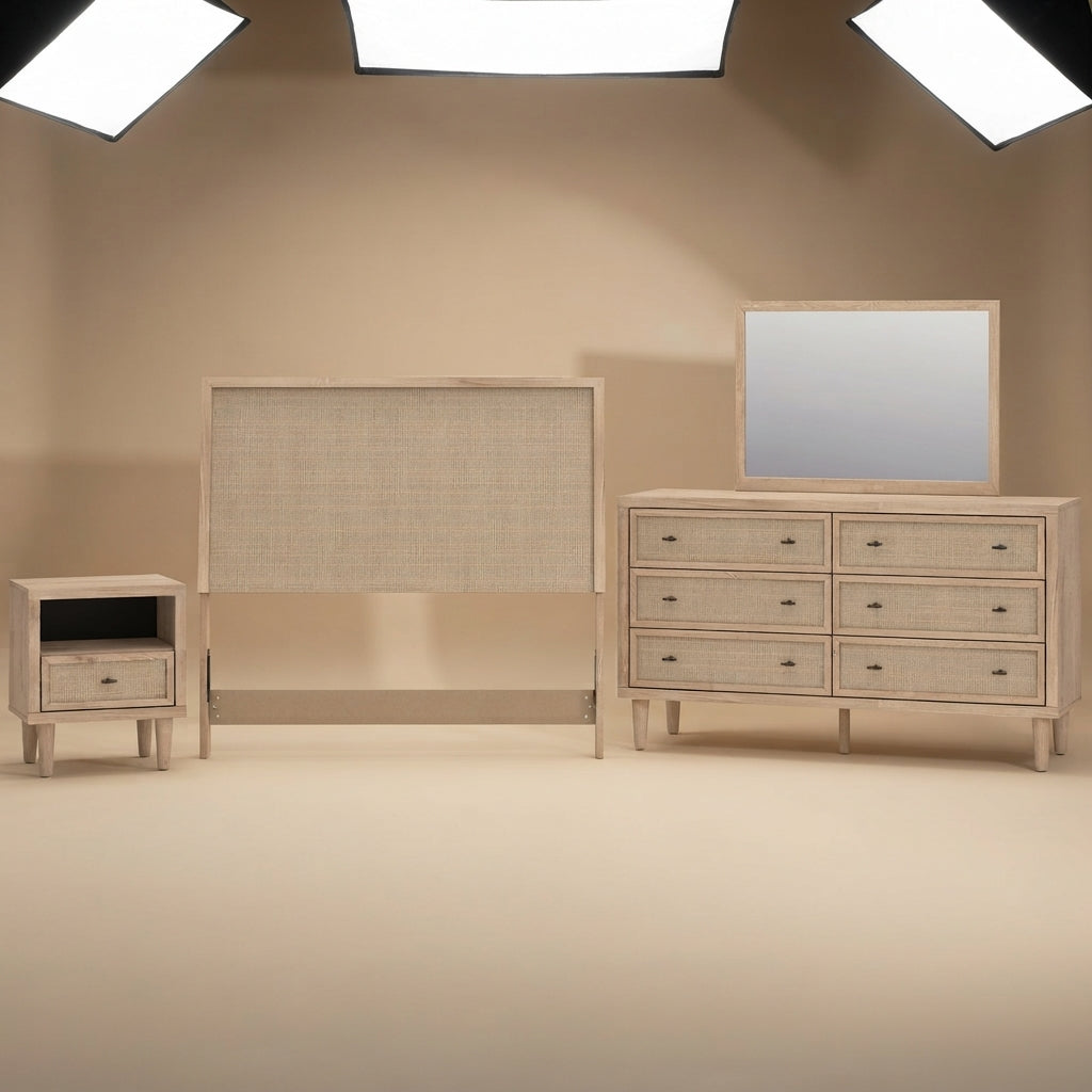 Cielden Full Upholstered Panel Bed with Mirrored Dresser and Nightstand