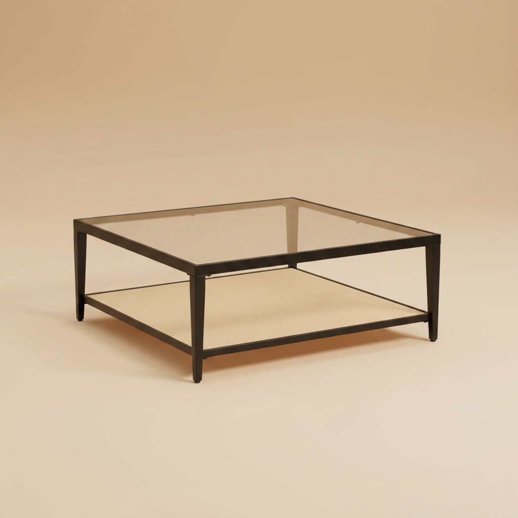 Amherst Glass Top Metal with Cane Shelf Coffee Table Black