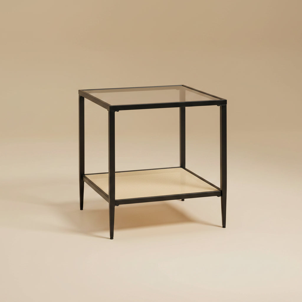 Amherst Glass Top Metal with Cane Shelf End Table Black