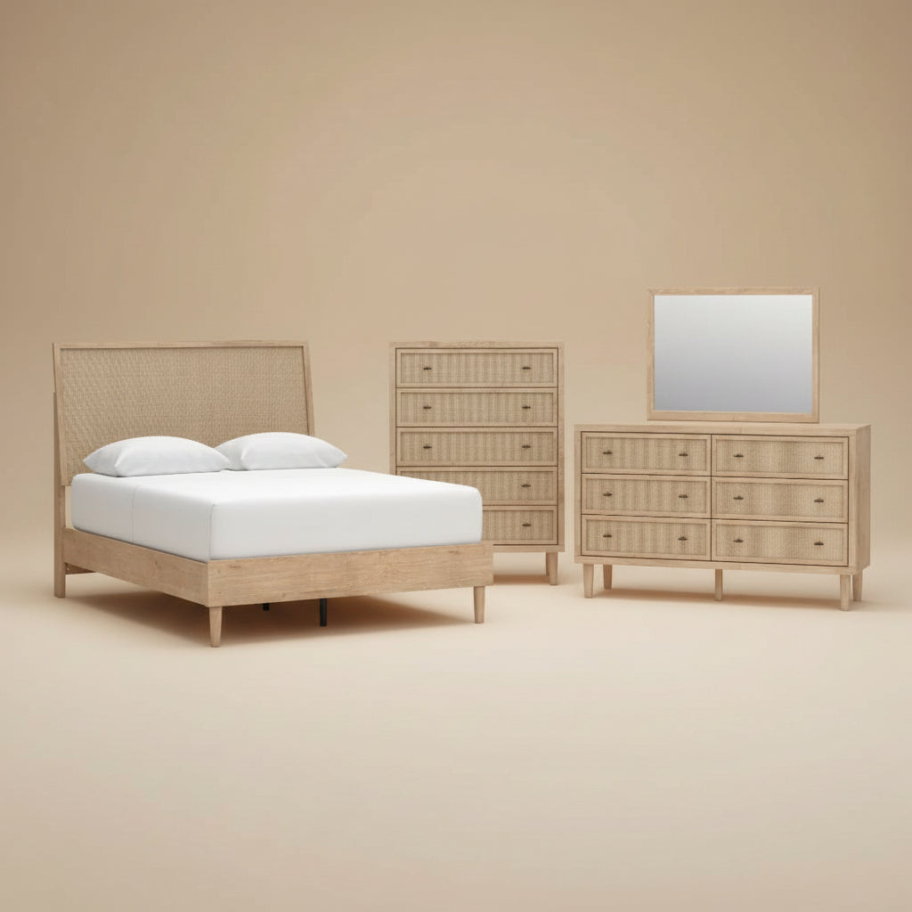 Cielden Queen Panel Bed with Mirrored Dresser and Chest