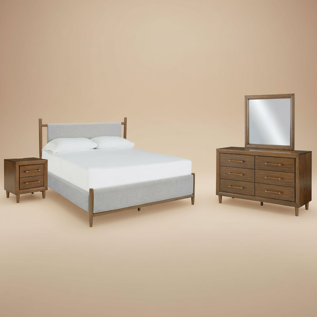 Lyncott California King Upholstered Bed with Mirrored Dresser and Nightstand