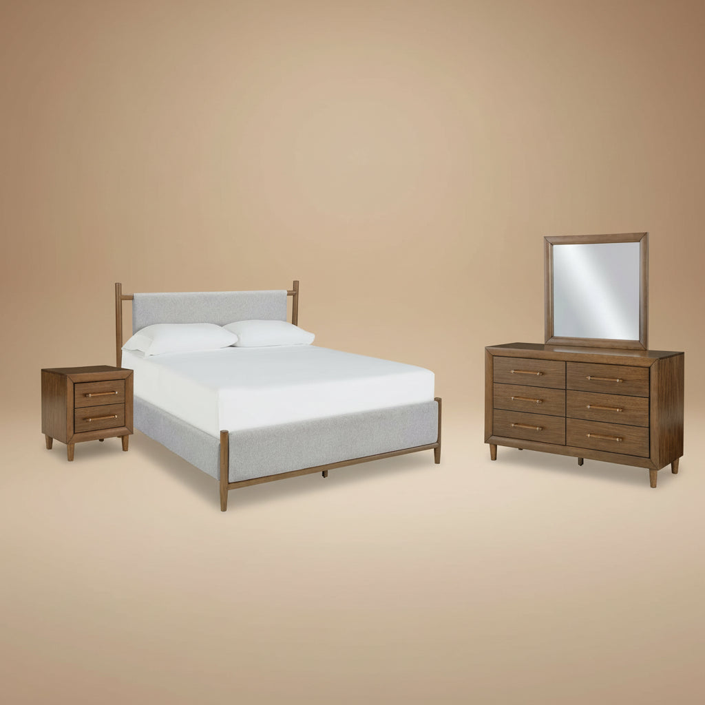 Lyncott King Upholstered Bed with Mirrored Dresser and Nightstand