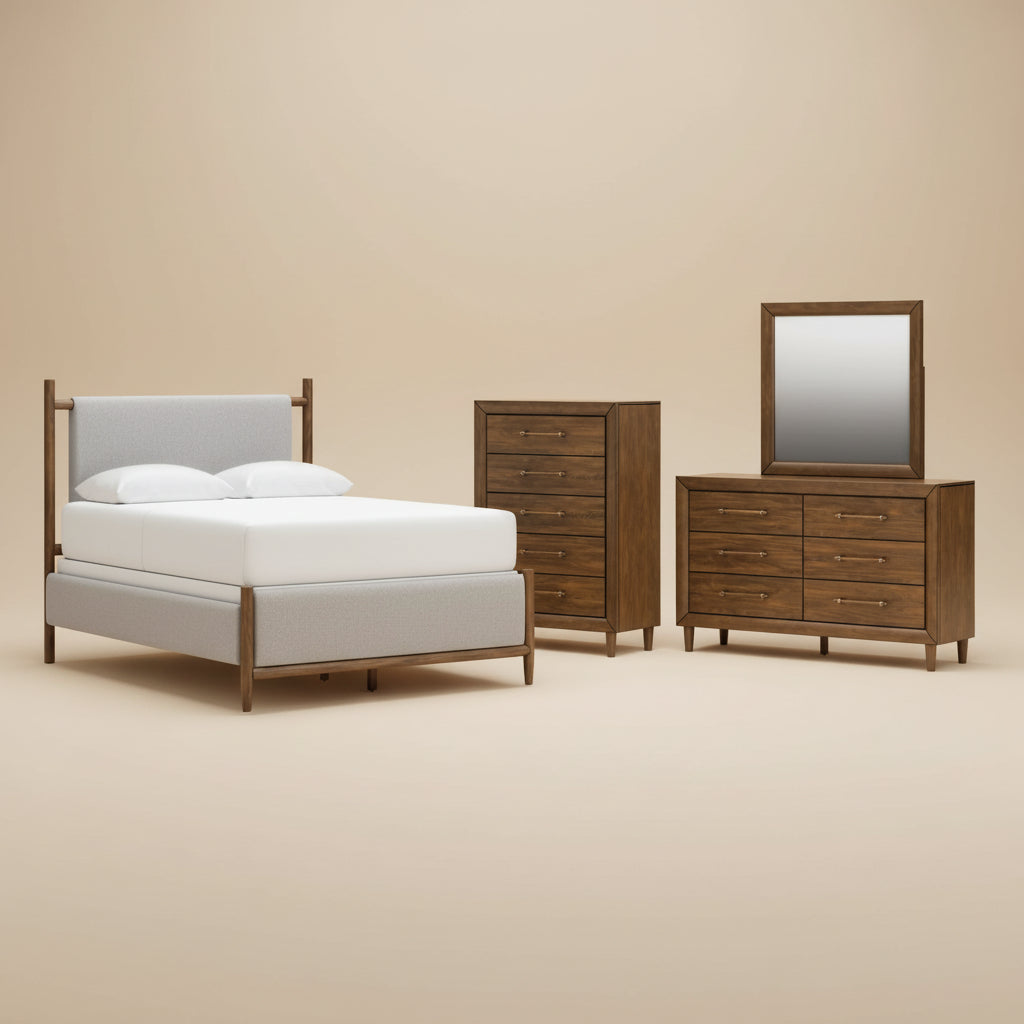 Lyncott Queen Upholstered Panel Bed, Dresser, Mirror and Chest