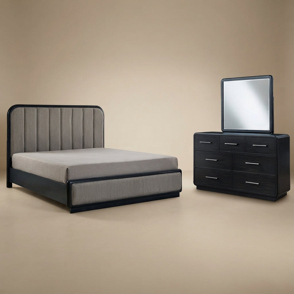 Rowanbeck California King Upholstered Panel Bed with Mirrored Dresser
