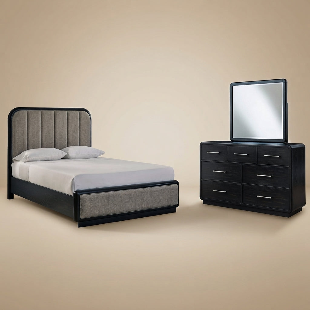 Rowanbeck Queen Upholstered Panel Bed with Mirrored Dresser