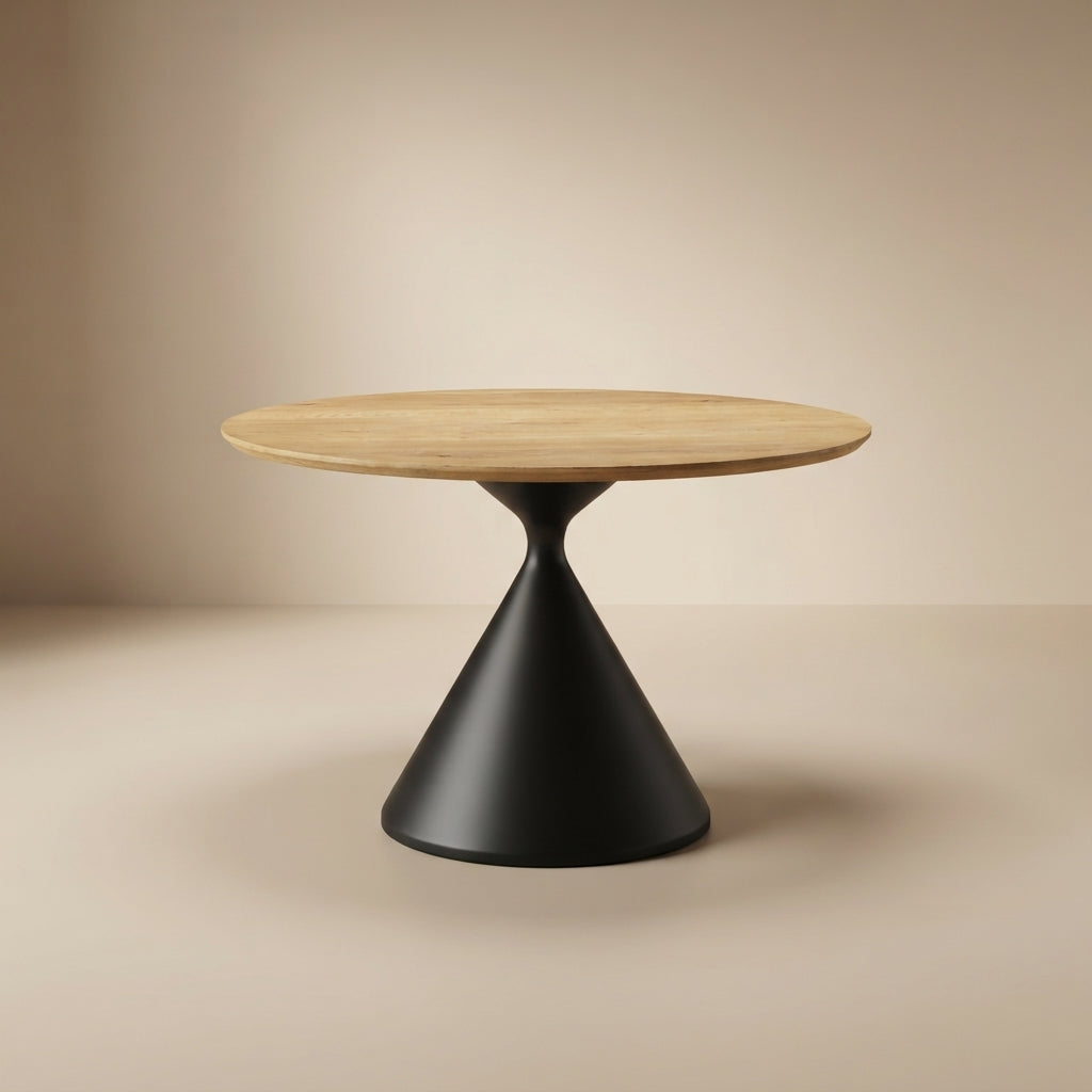 Athan Contemporary Black and Oak Veneer Round Pedestal Dining Table