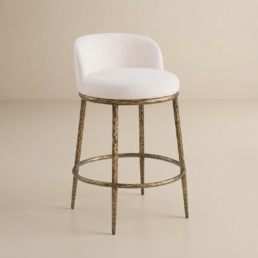 Rilva Contemporary Matte Gold Counter Height Stool with Linen White Fabric